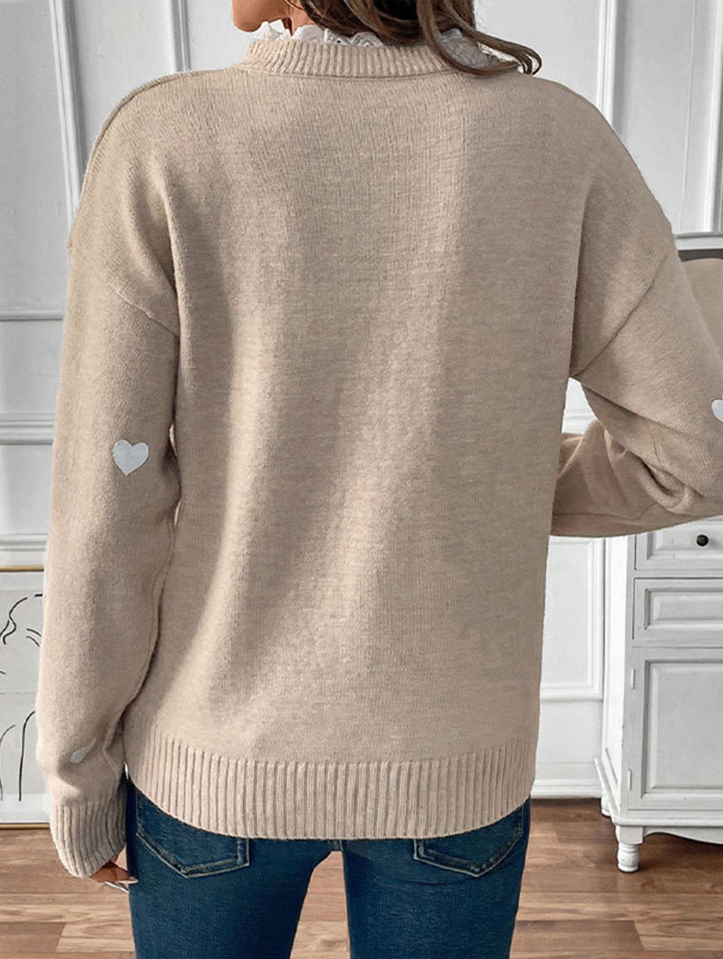 Heart Print Lace Trim Sweater
