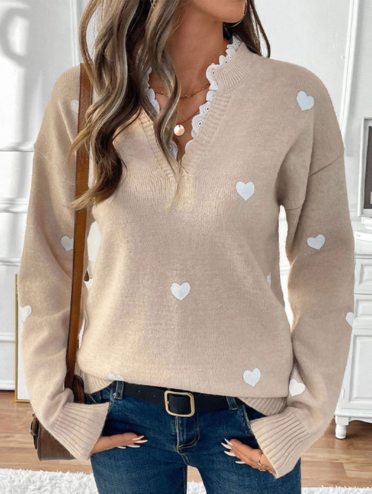 Heart Print Lace Trim Sweater