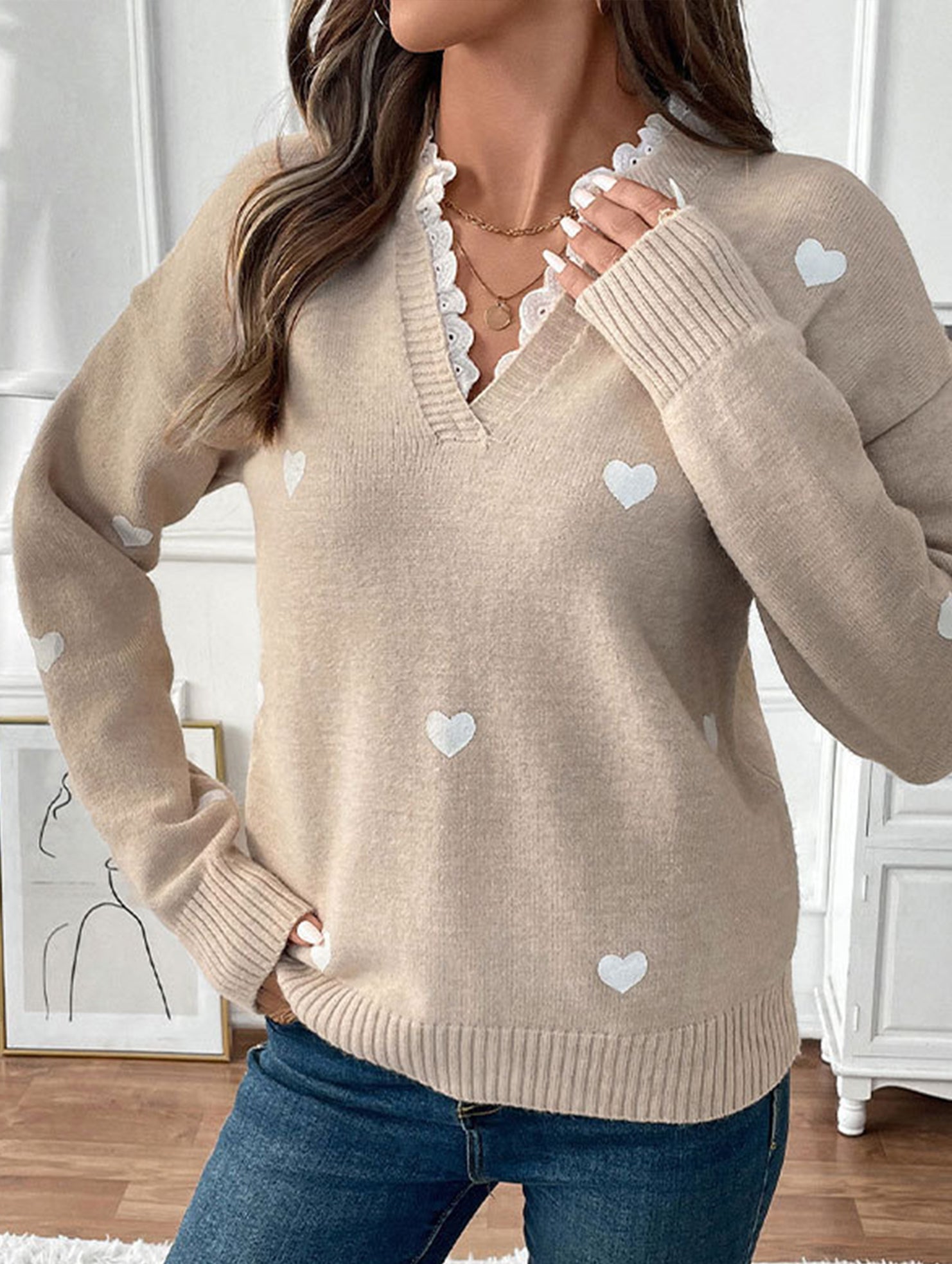 Heart Print Lace Trim Sweater