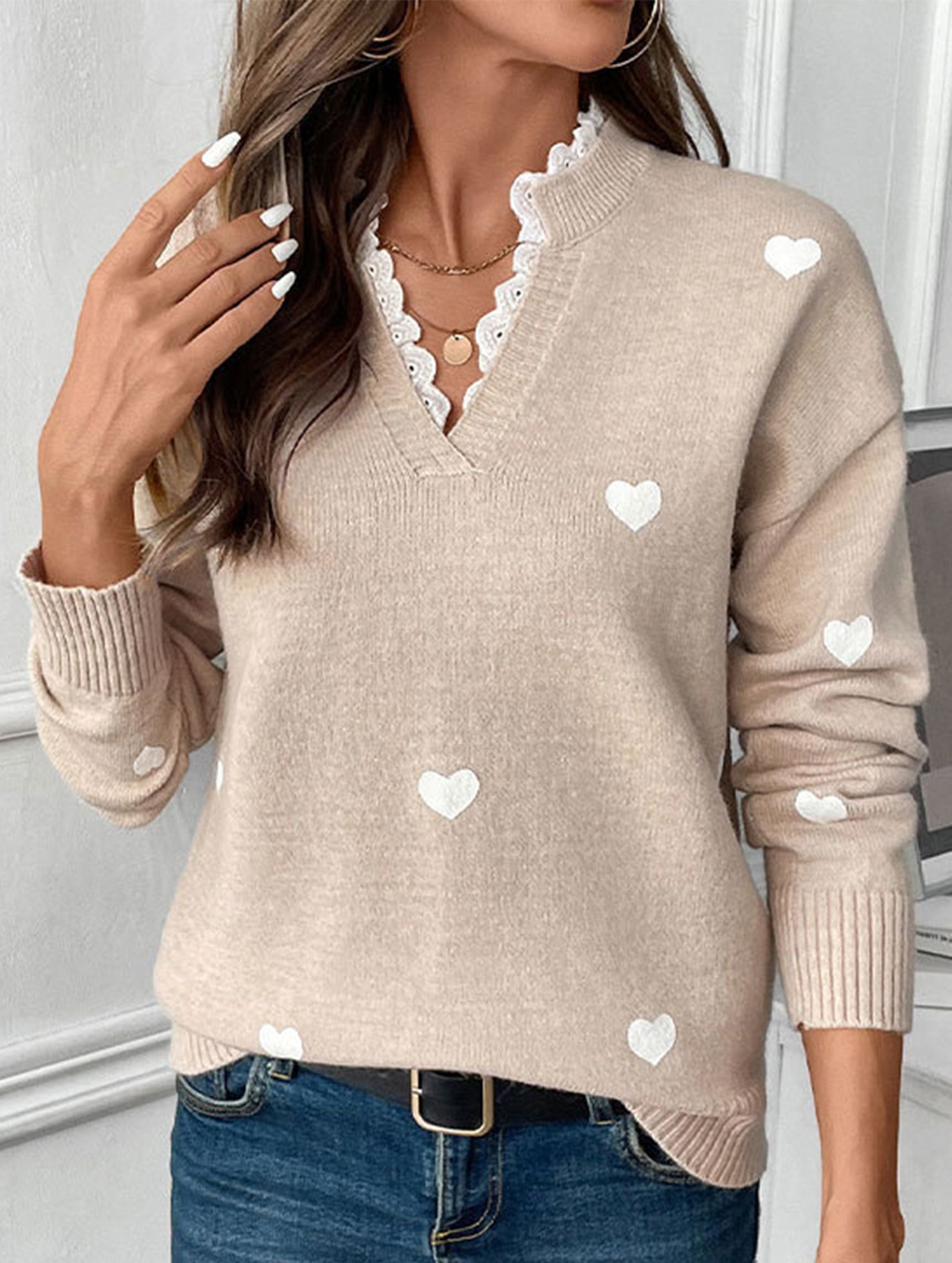 Heart Print Lace Trim Sweater