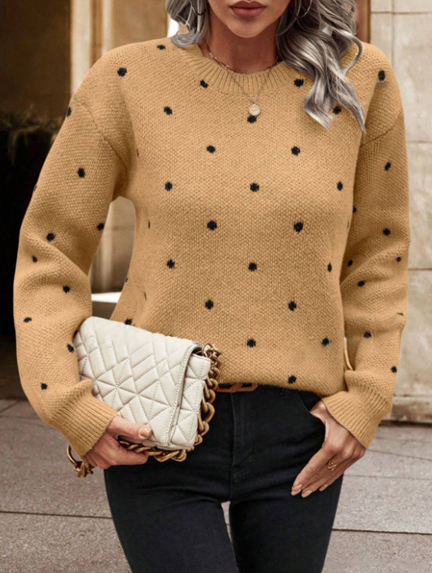 Polka dot jacquard round neck long-sleeved sweater