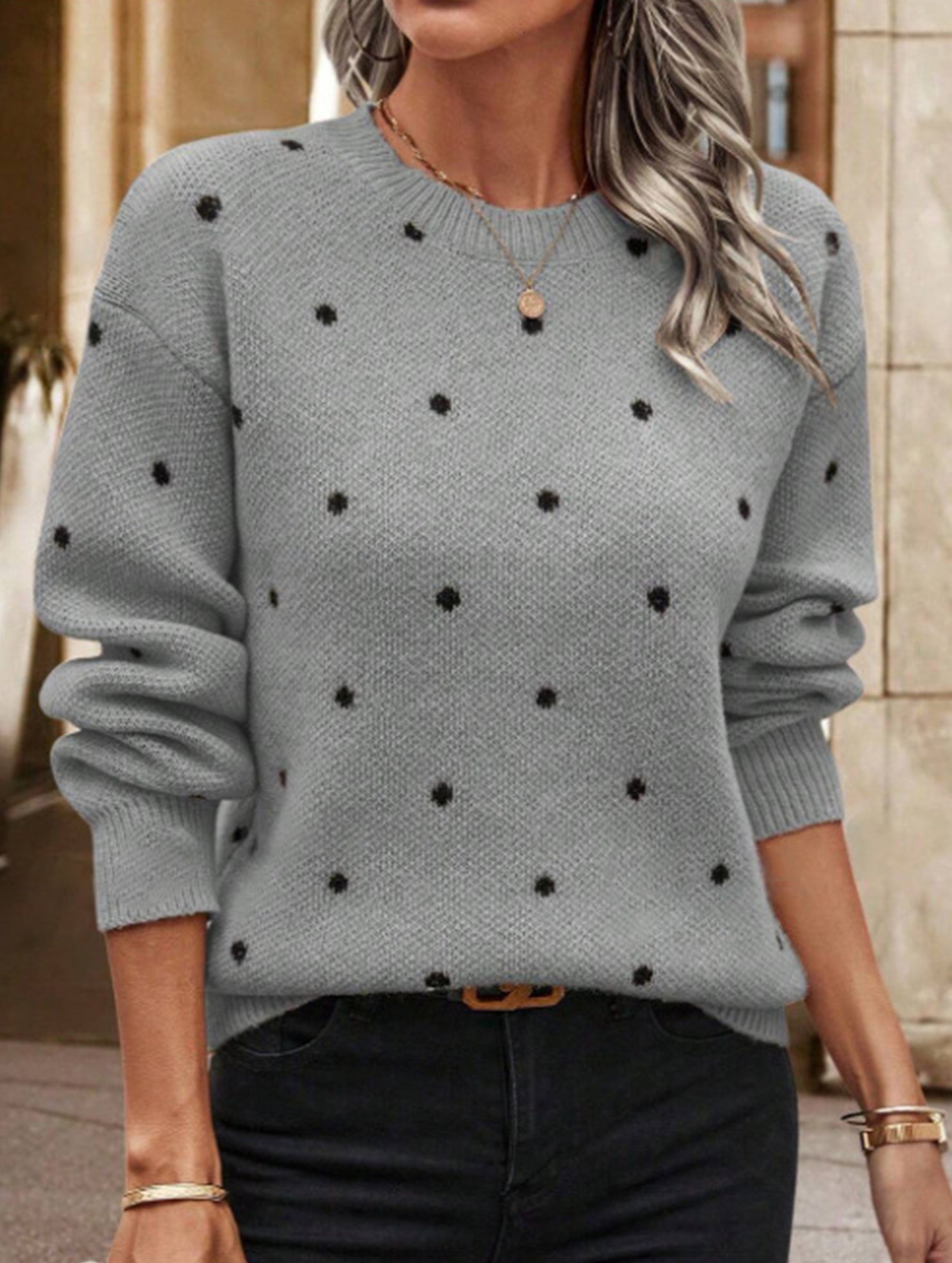 Polka dot jacquard round neck long-sleeved sweater