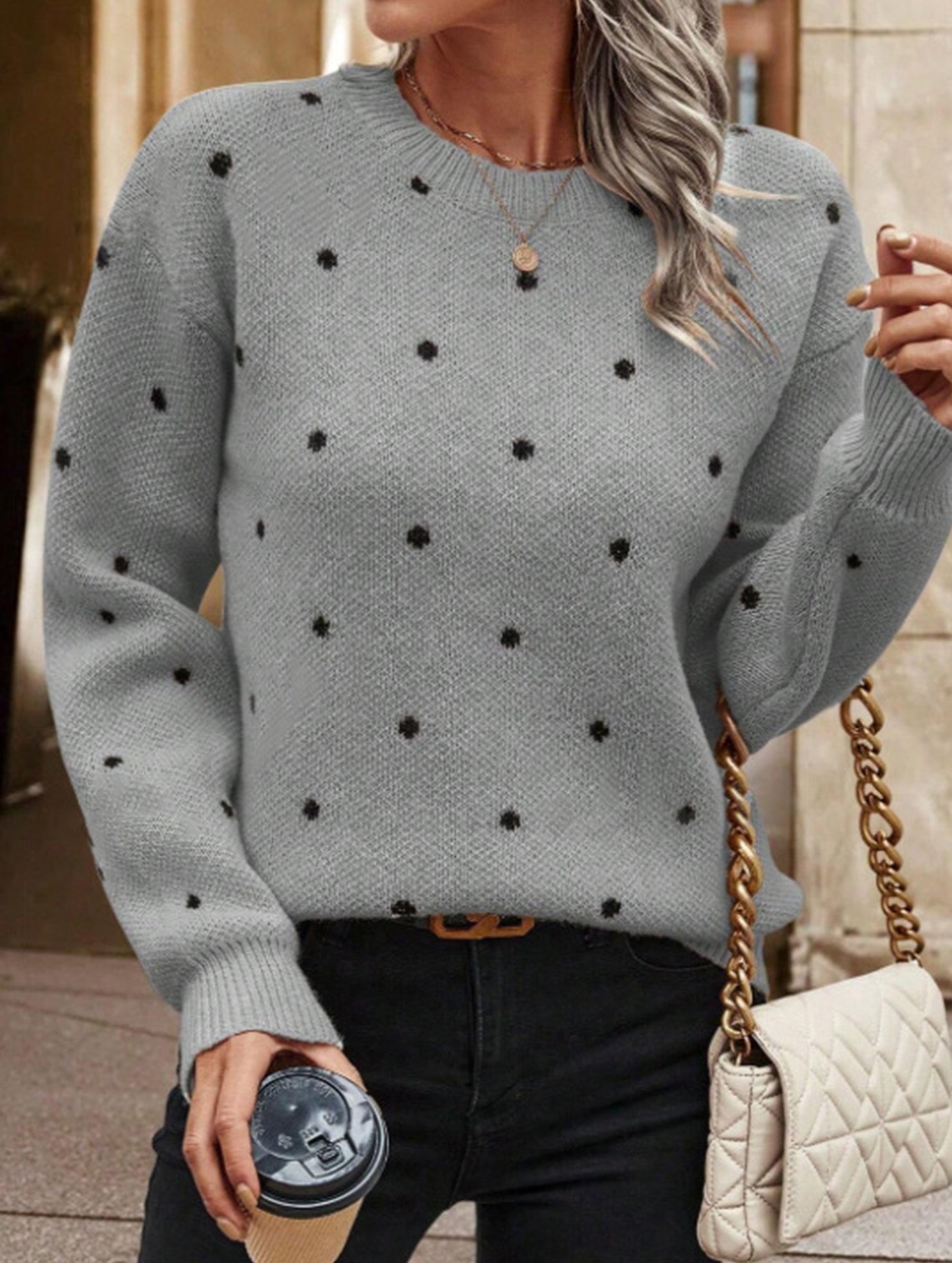Polka dot jacquard round neck long-sleeved sweater