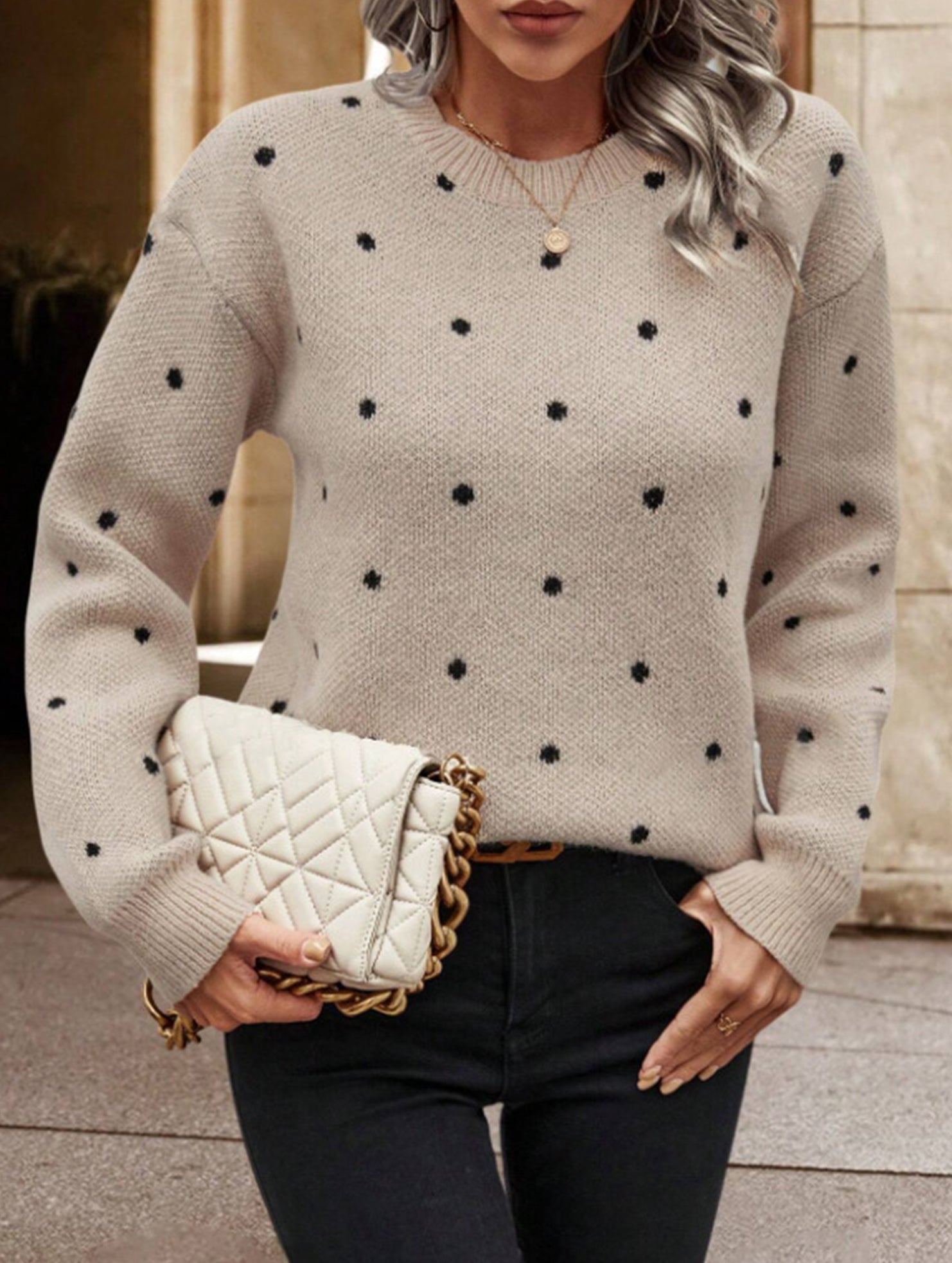 Polka dot jacquard round neck long-sleeved sweater