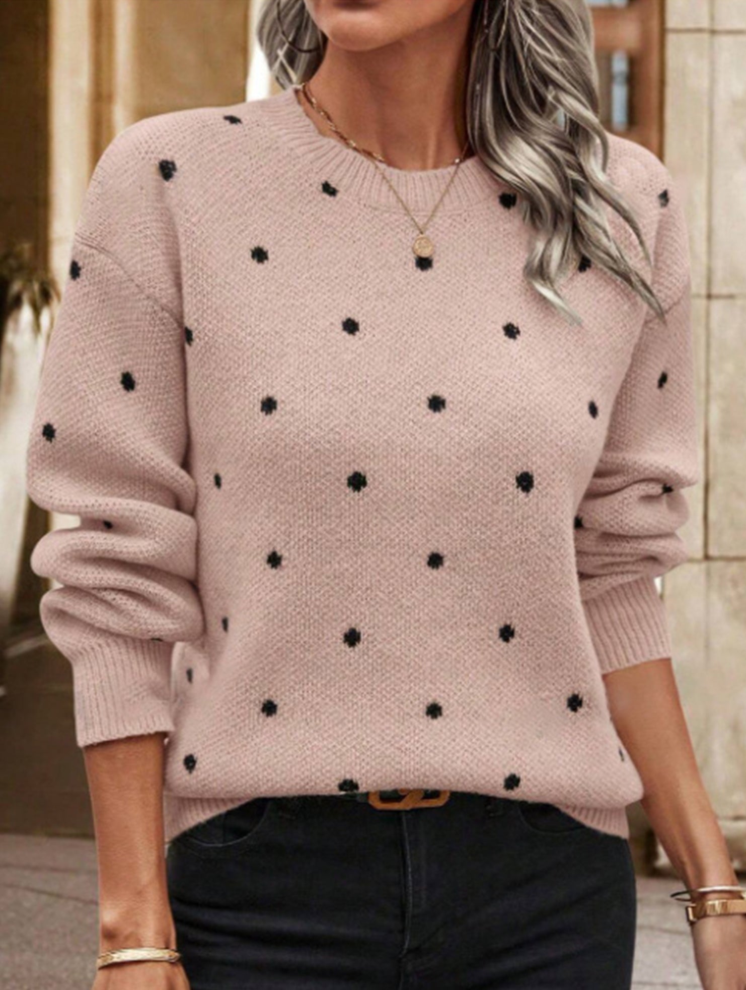 Polka dot jacquard round neck long-sleeved sweater