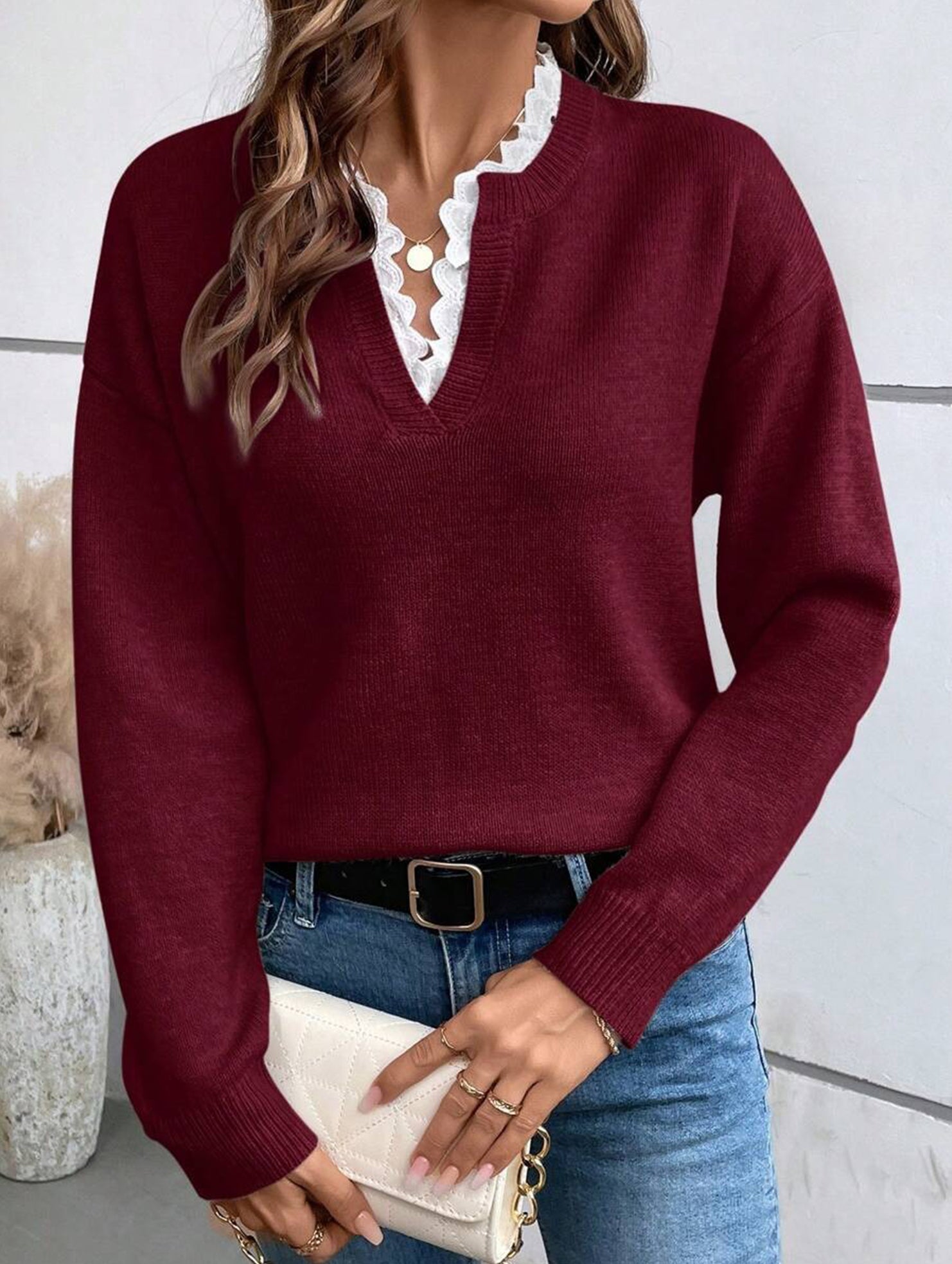 Lace V-neck loose sweater