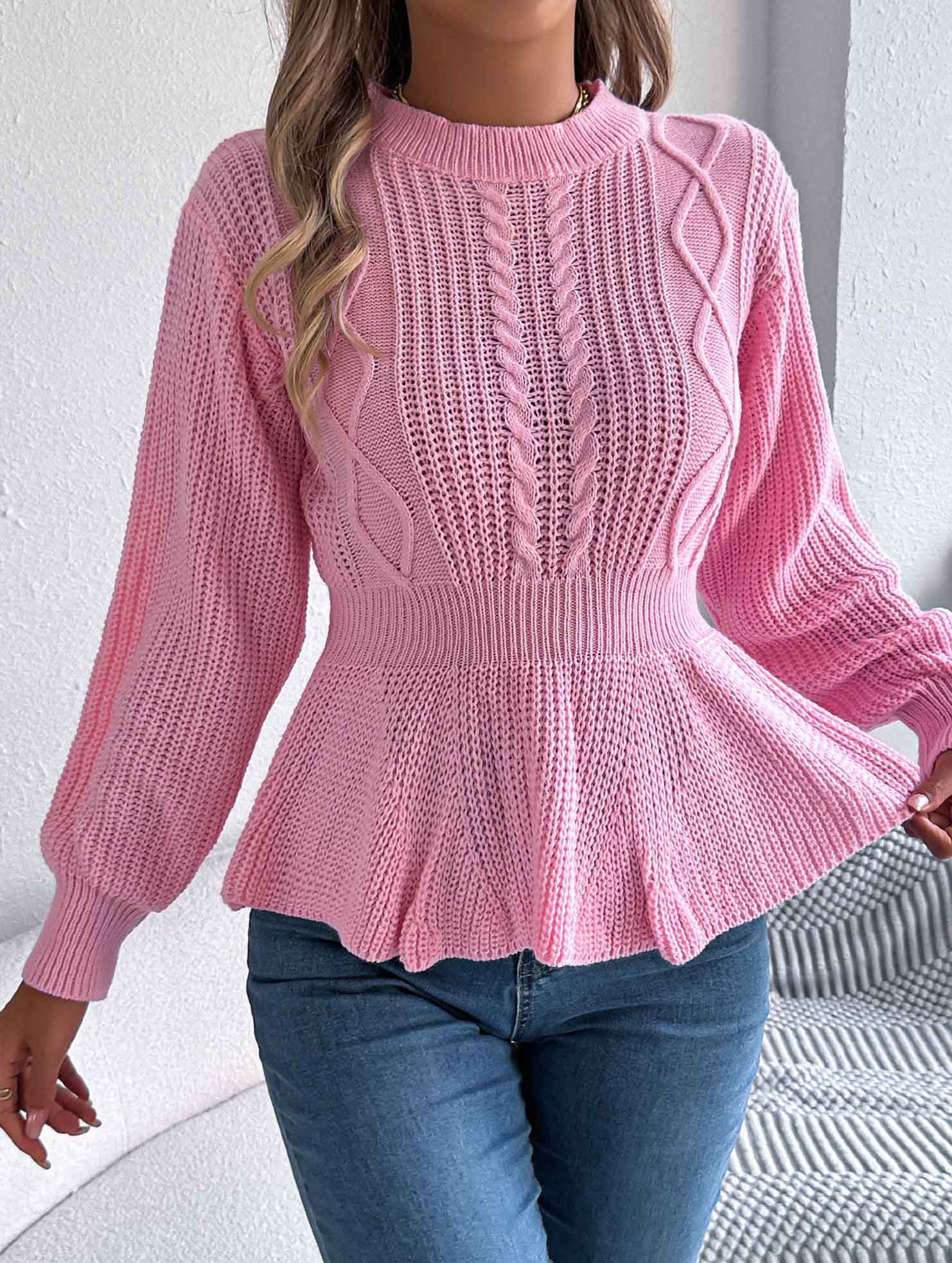 Solid color cable knitted waist ruffled sweater