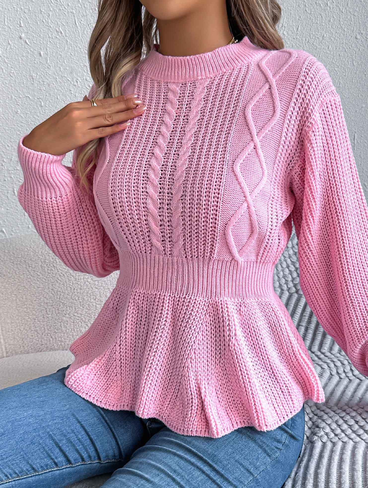 Solid color cable knitted waist ruffled sweater
