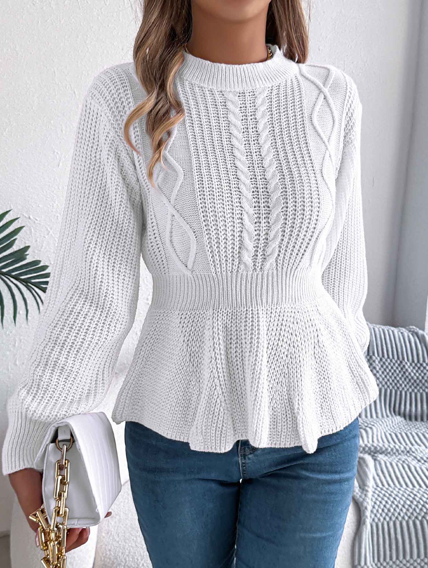 Solid color cable knitted waist ruffled sweater