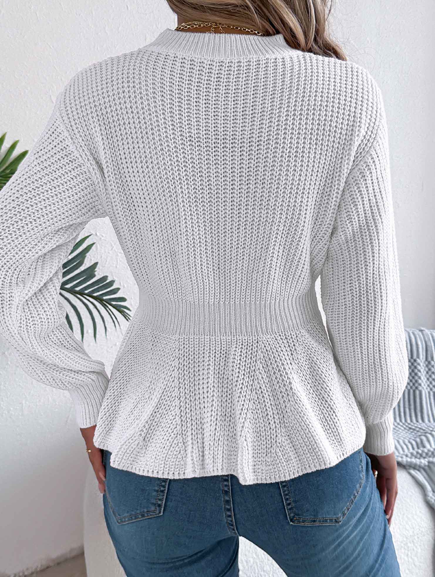 Solid color cable knitted waist ruffled sweater