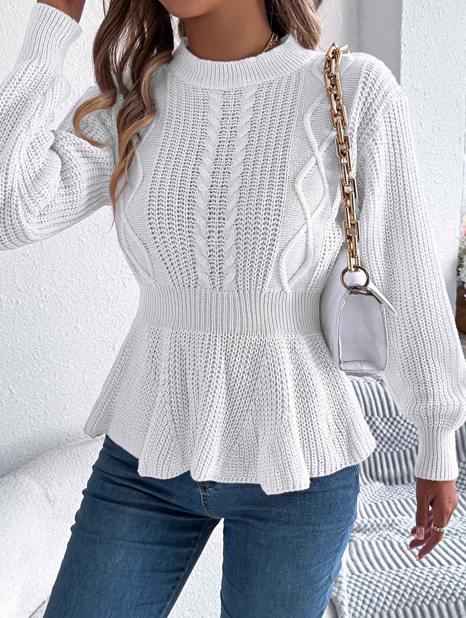 Solid color cable knitted waist ruffled sweater