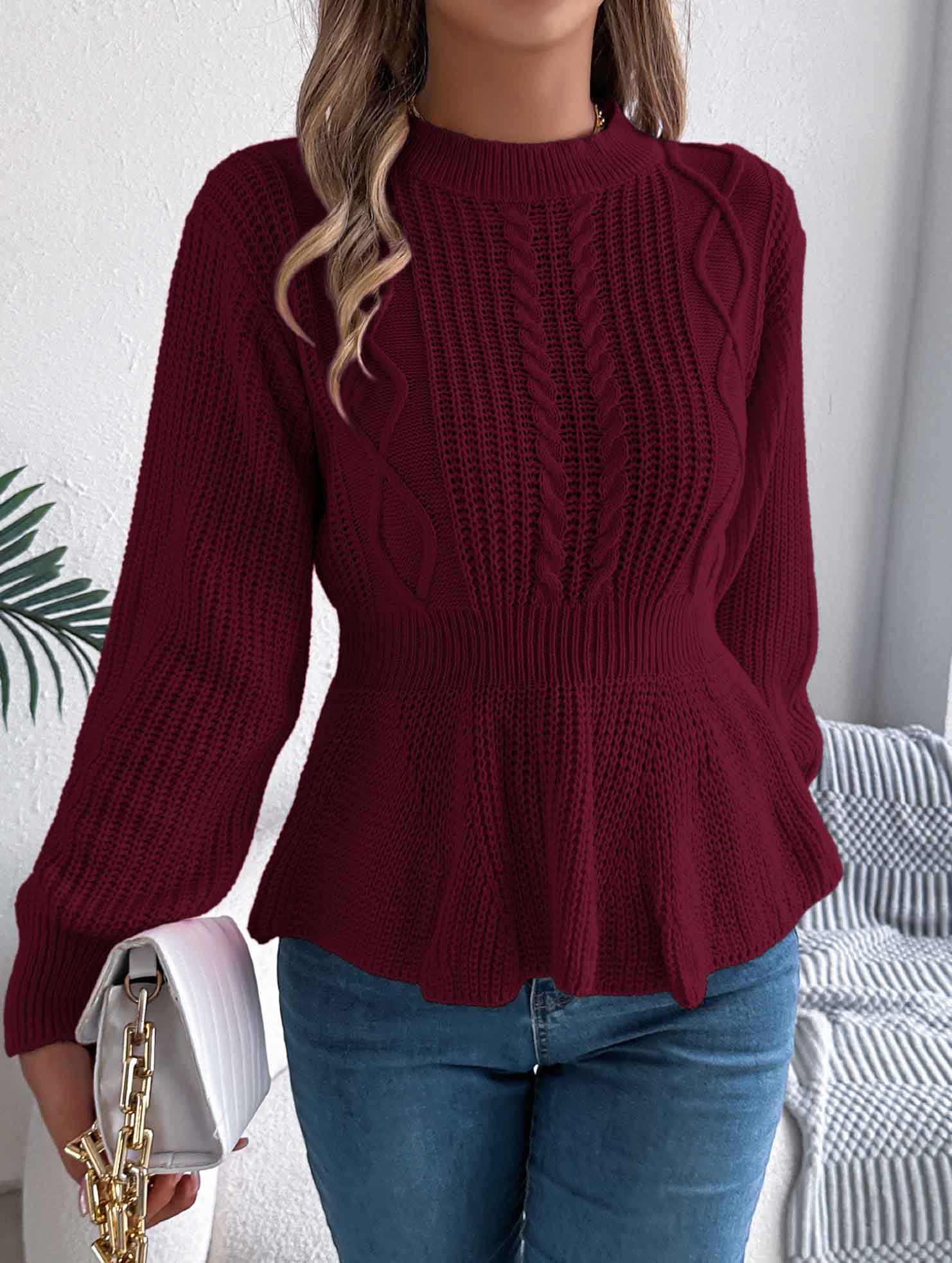 Solid color cable knitted waist ruffled sweater