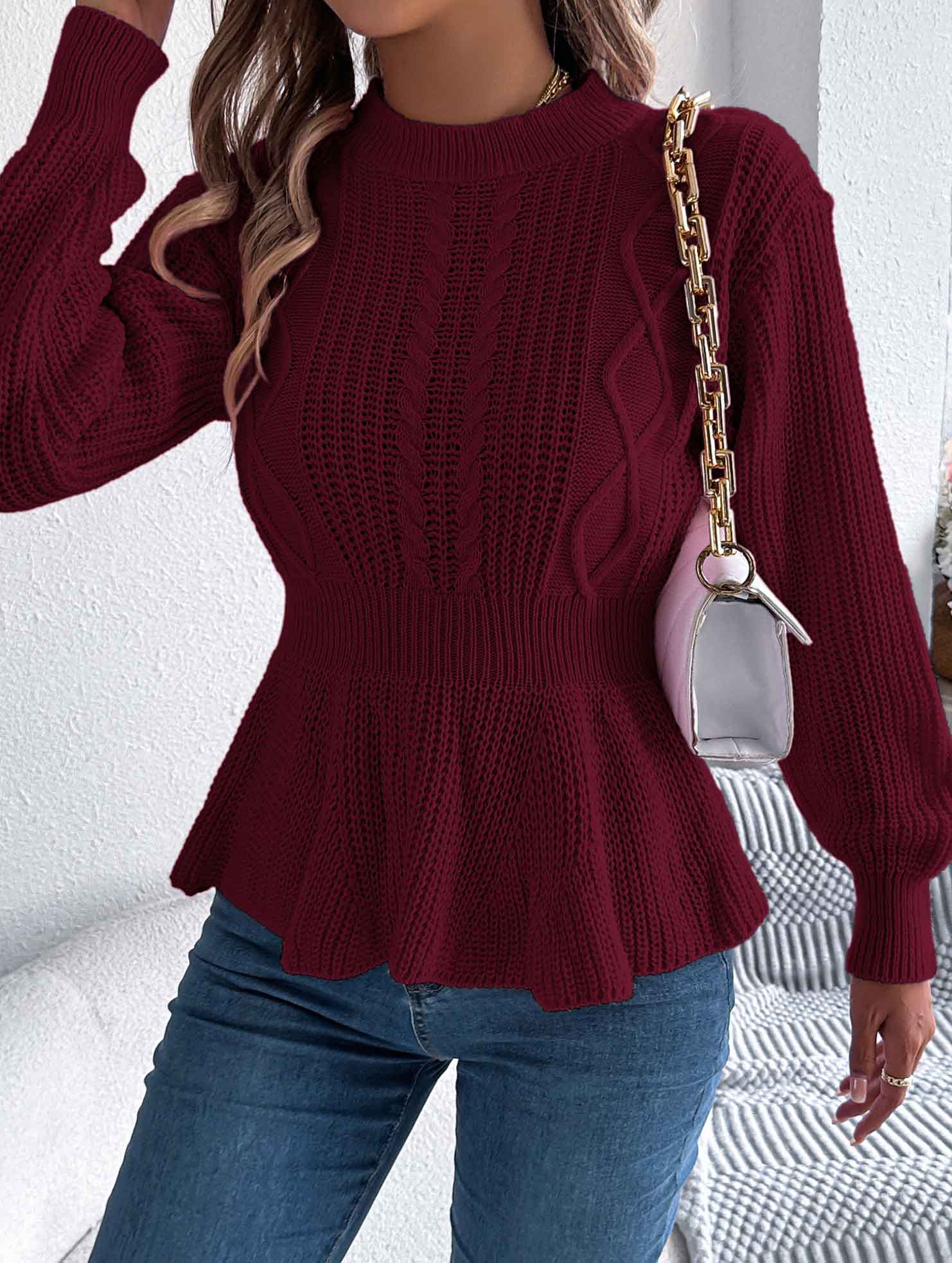 Solid color cable knitted waist ruffled sweater