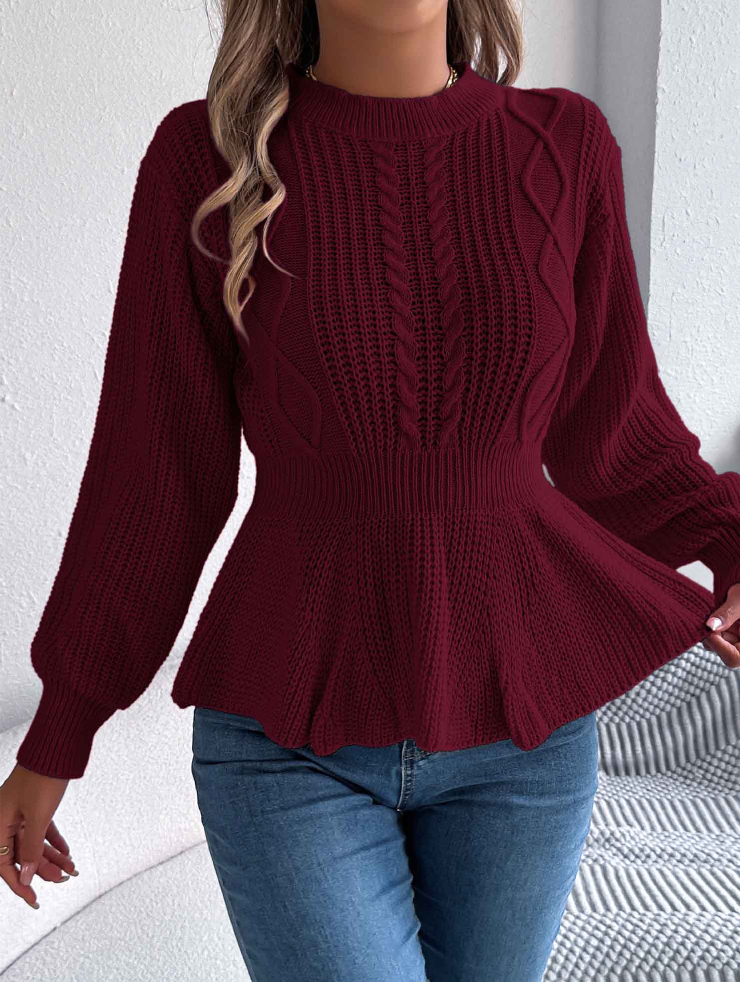 Solid color cable knitted waist ruffled sweater