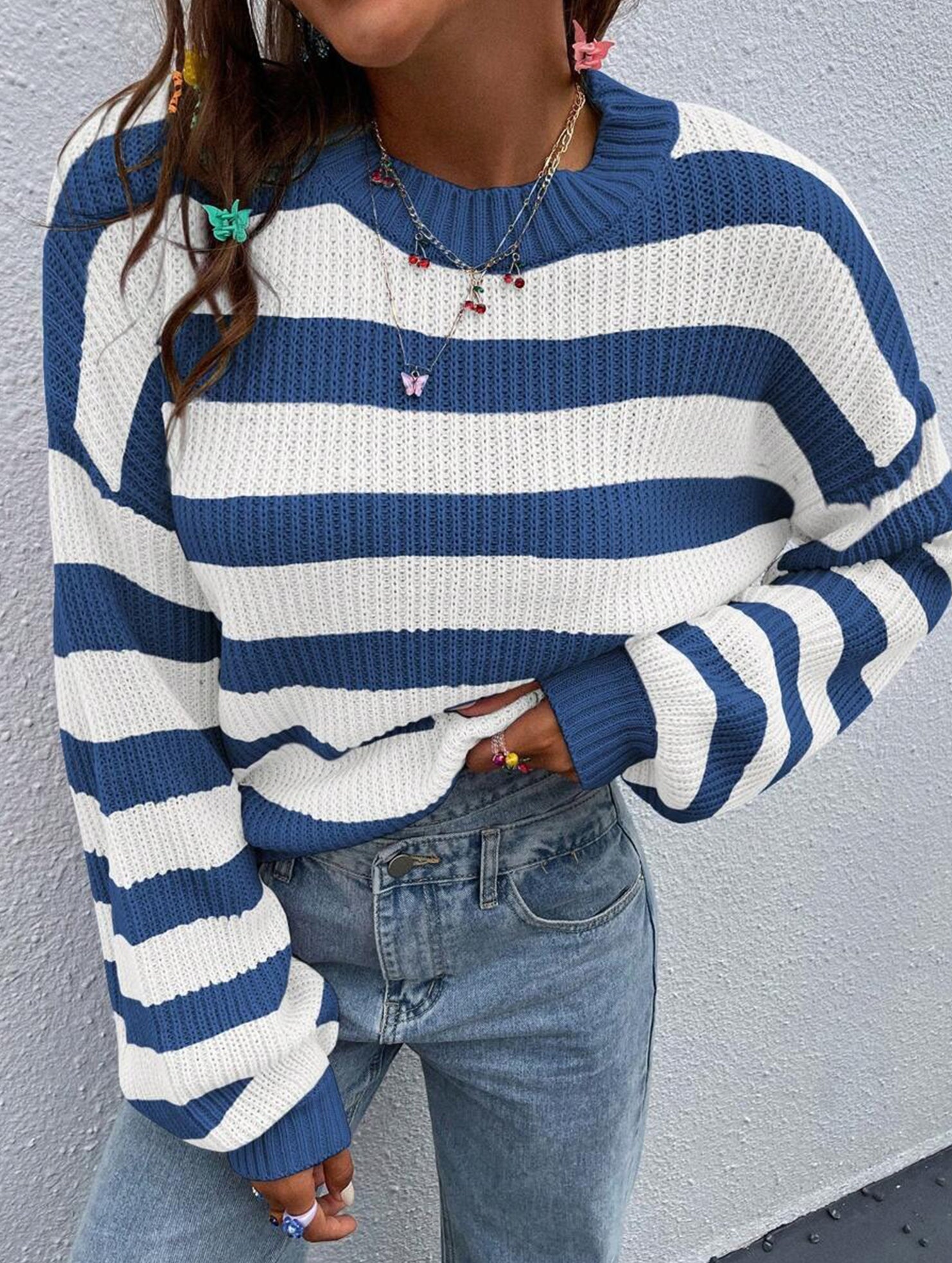 crew neck loose striped pullover sweater
