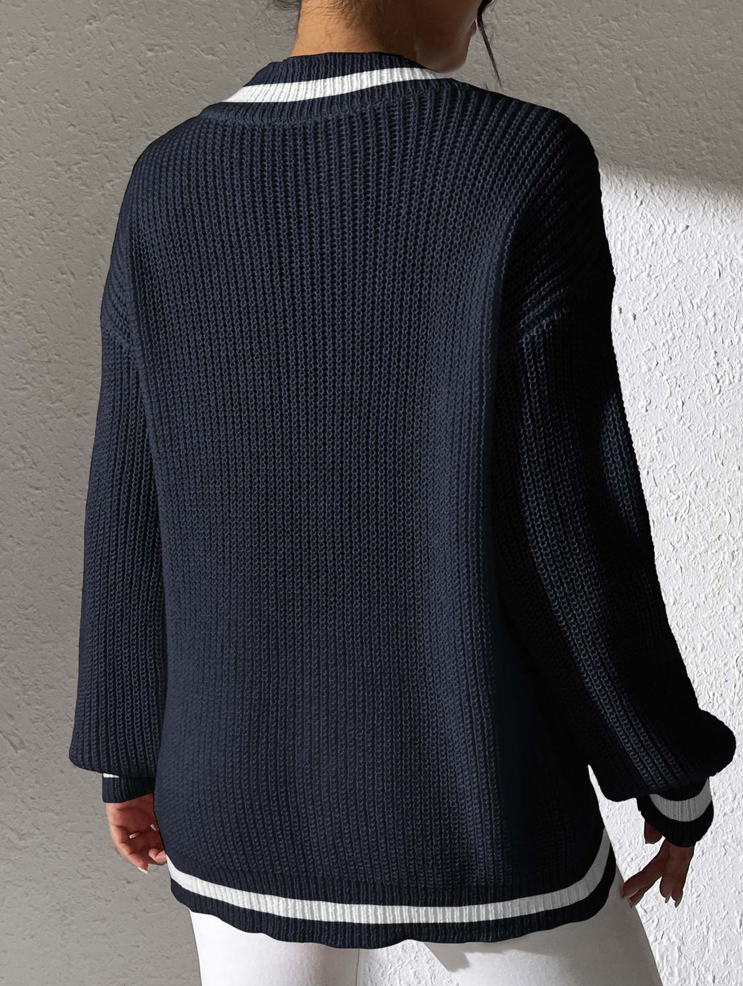 Contrast color V-neck loose sweater