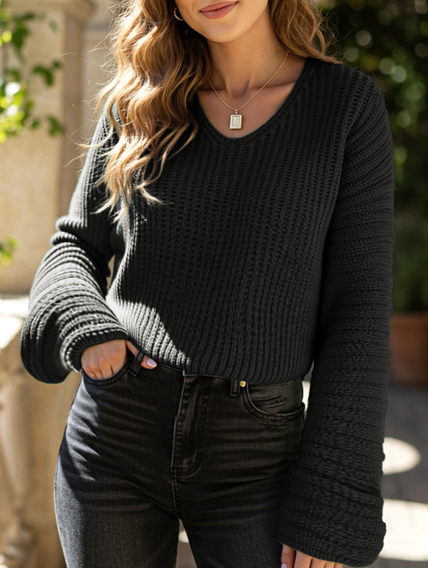 Loose lazy V-neck lantern long-sleeved sweater