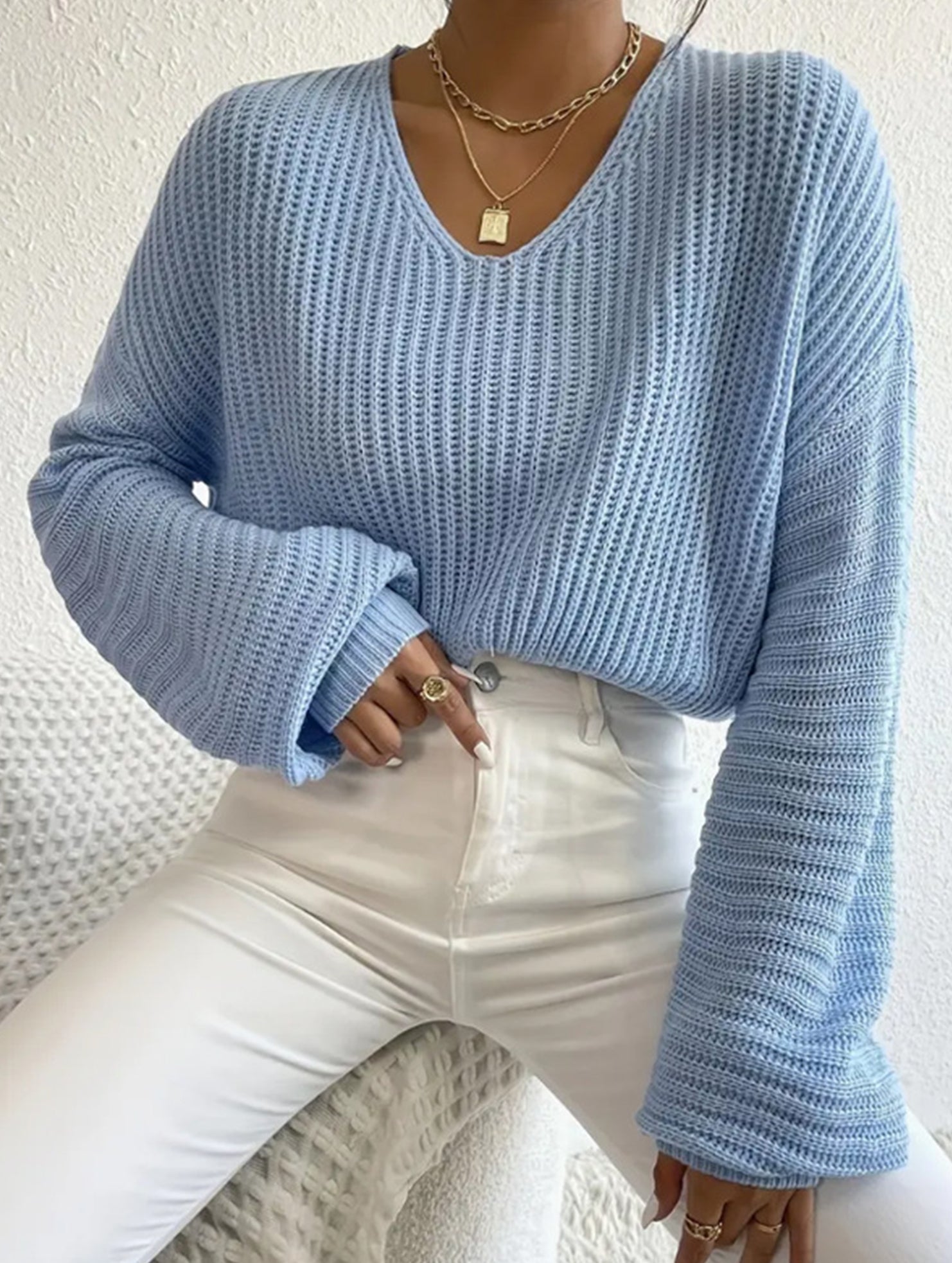 Loose lazy V-neck lantern long-sleeved sweater