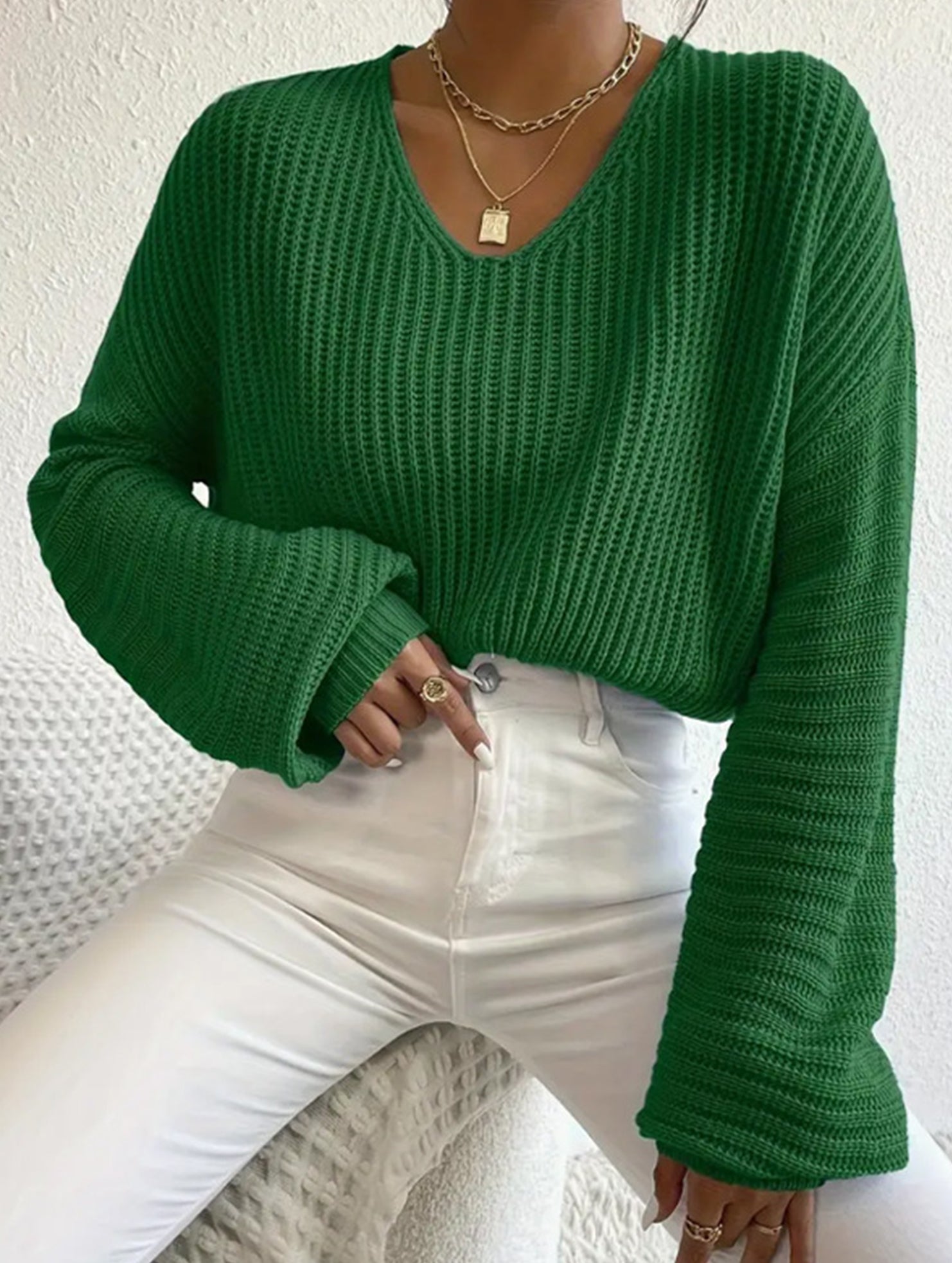 Loose lazy V-neck lantern long-sleeved sweater