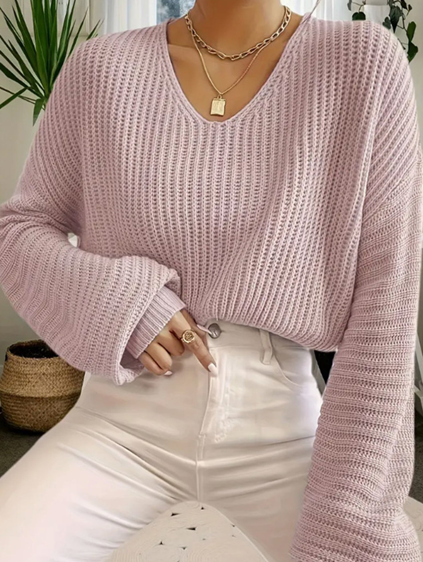 Loose lazy V-neck lantern long-sleeved sweater