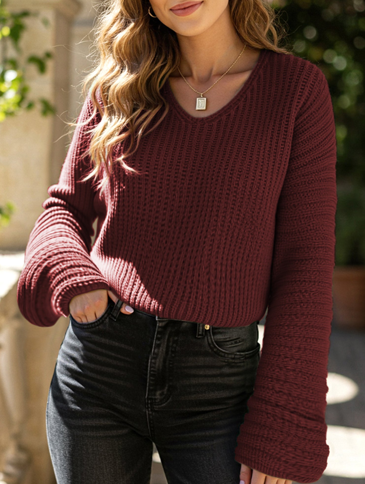 Loose lazy V-neck lantern long-sleeved sweater