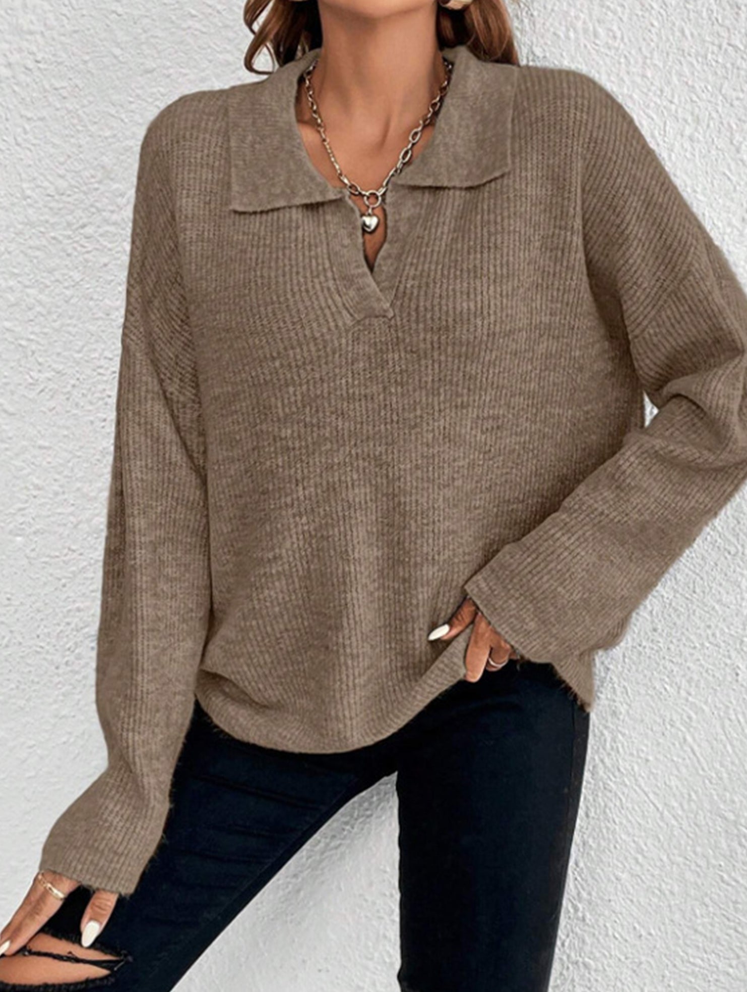 Long-sleeved POLO collar solid color sweater