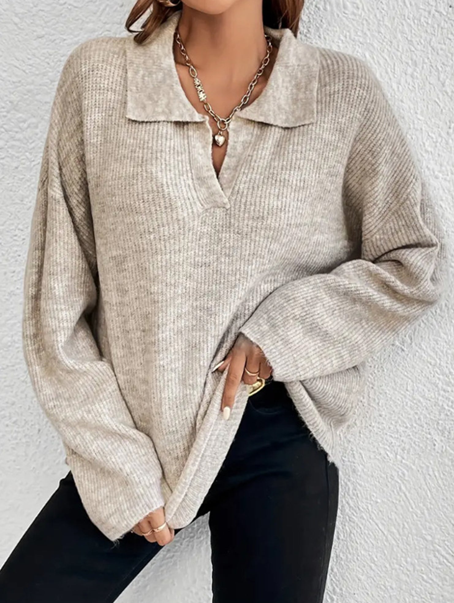 Long-sleeved POLO collar solid color sweater