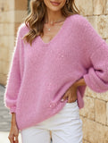 Loose shiny silk V-neck sweater