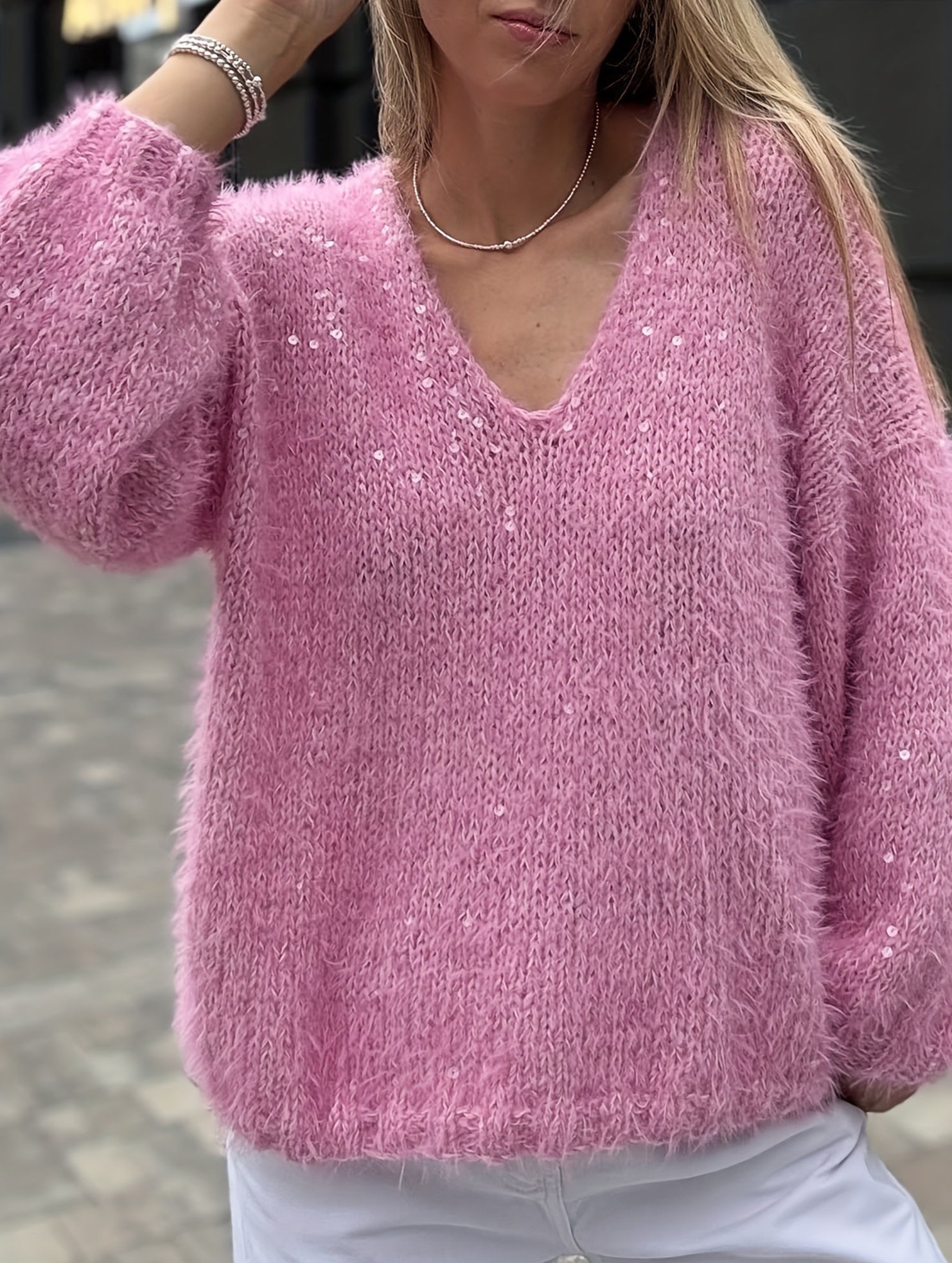 Loose shiny silk V-neck sweater