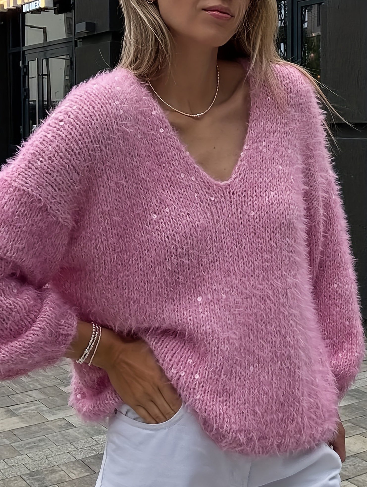 Loose shiny silk V-neck sweater