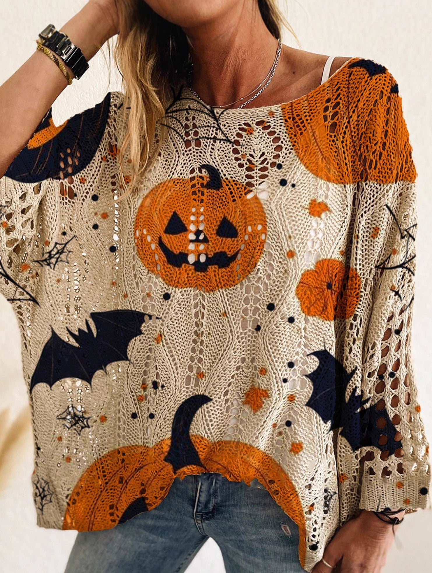 Diamond Hollow Bat Pumpkin Bat Sweater