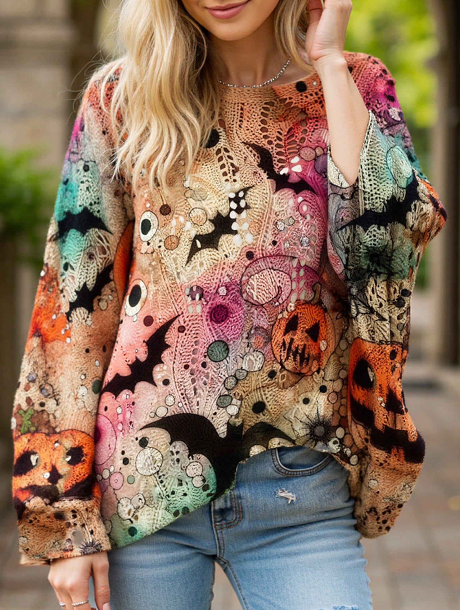 Diamond Hollow Bat Pumpkin Bat Sweater