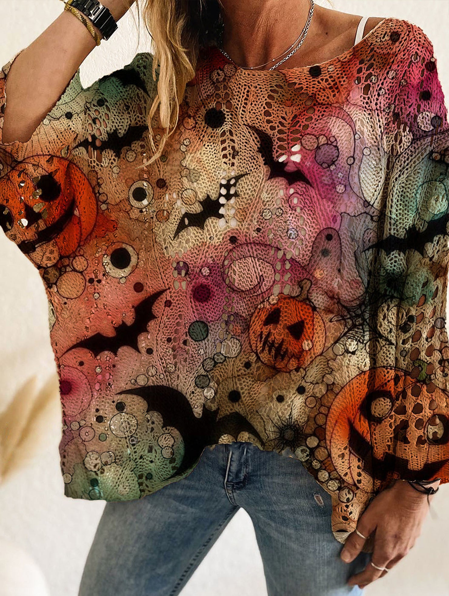 Diamond Hollow Bat Pumpkin Bat Sweater