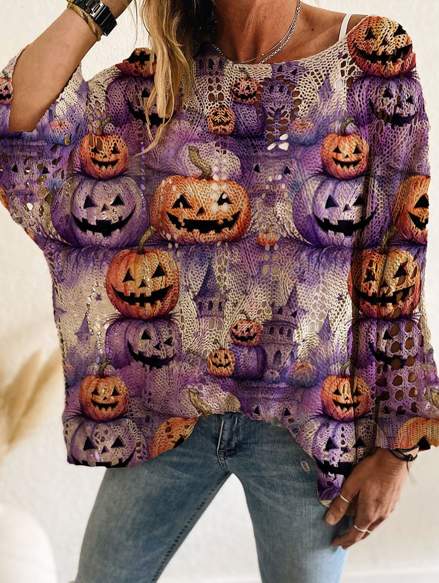 Diamond Hollow Bat Pumpkin Bat Sweater