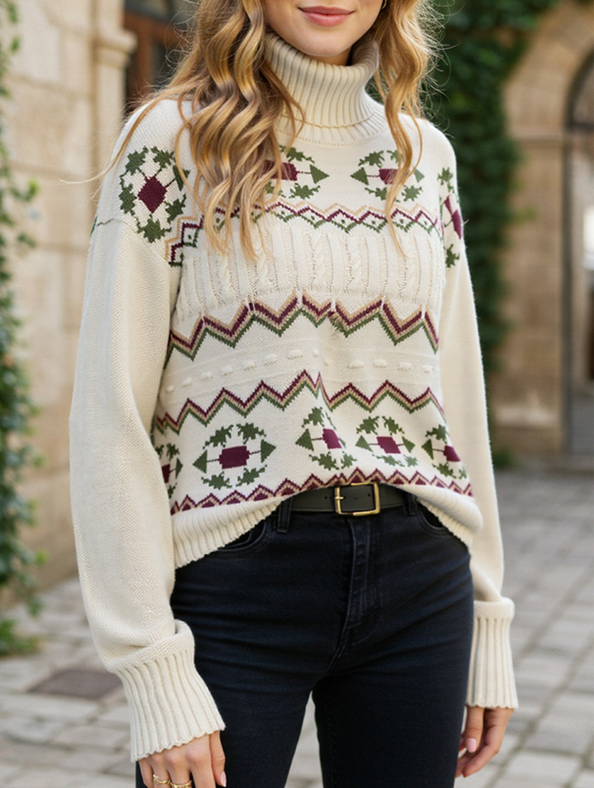 Patterned turtleneck pullover sweater
