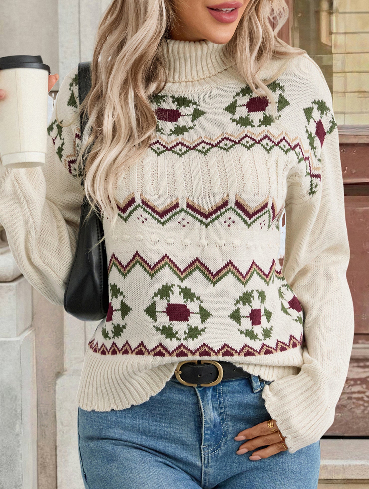 Patterned turtleneck pullover sweater