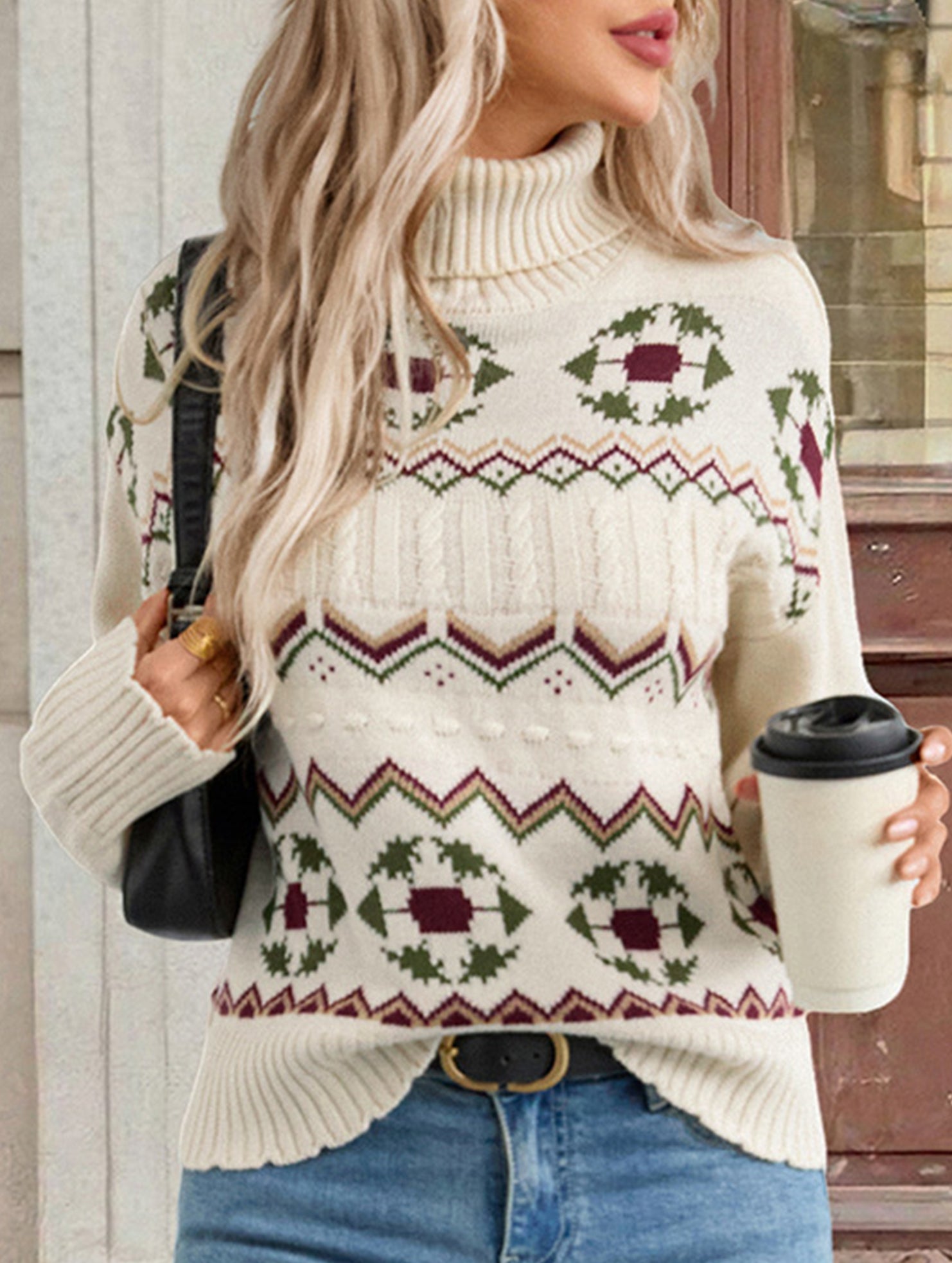 Patterned turtleneck pullover sweater