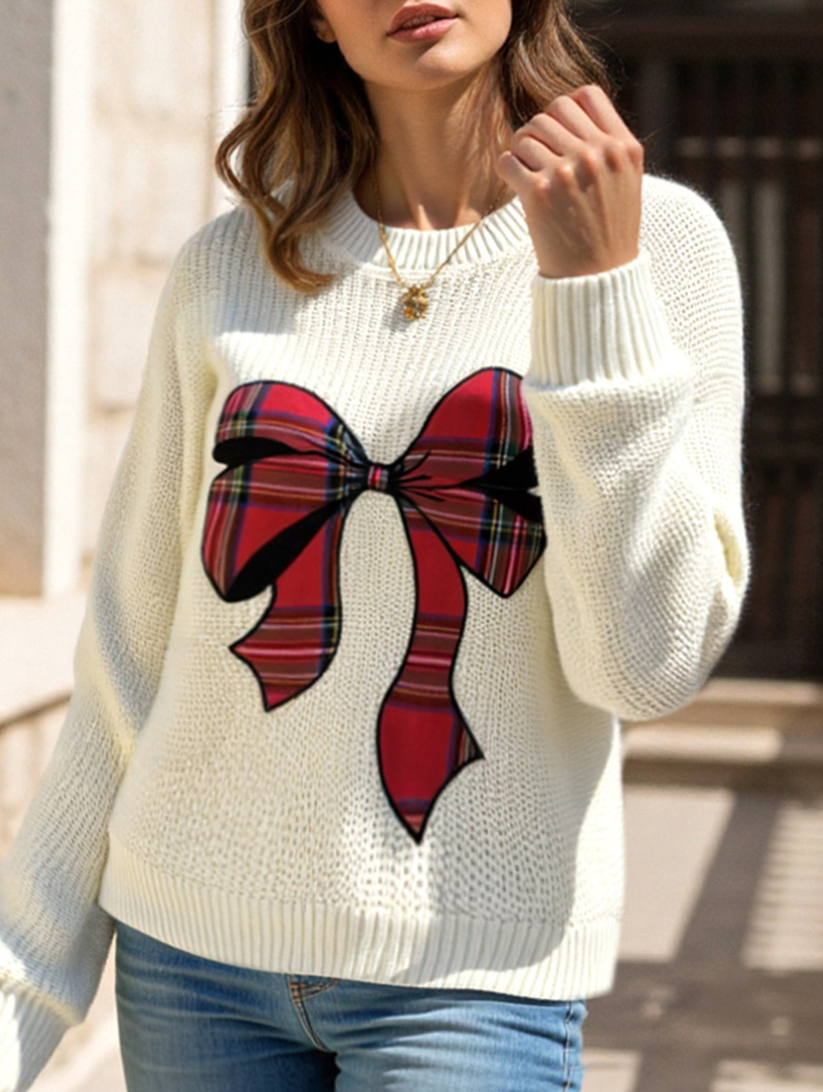 Christmas Check Embroidered Crew Neck Sweater