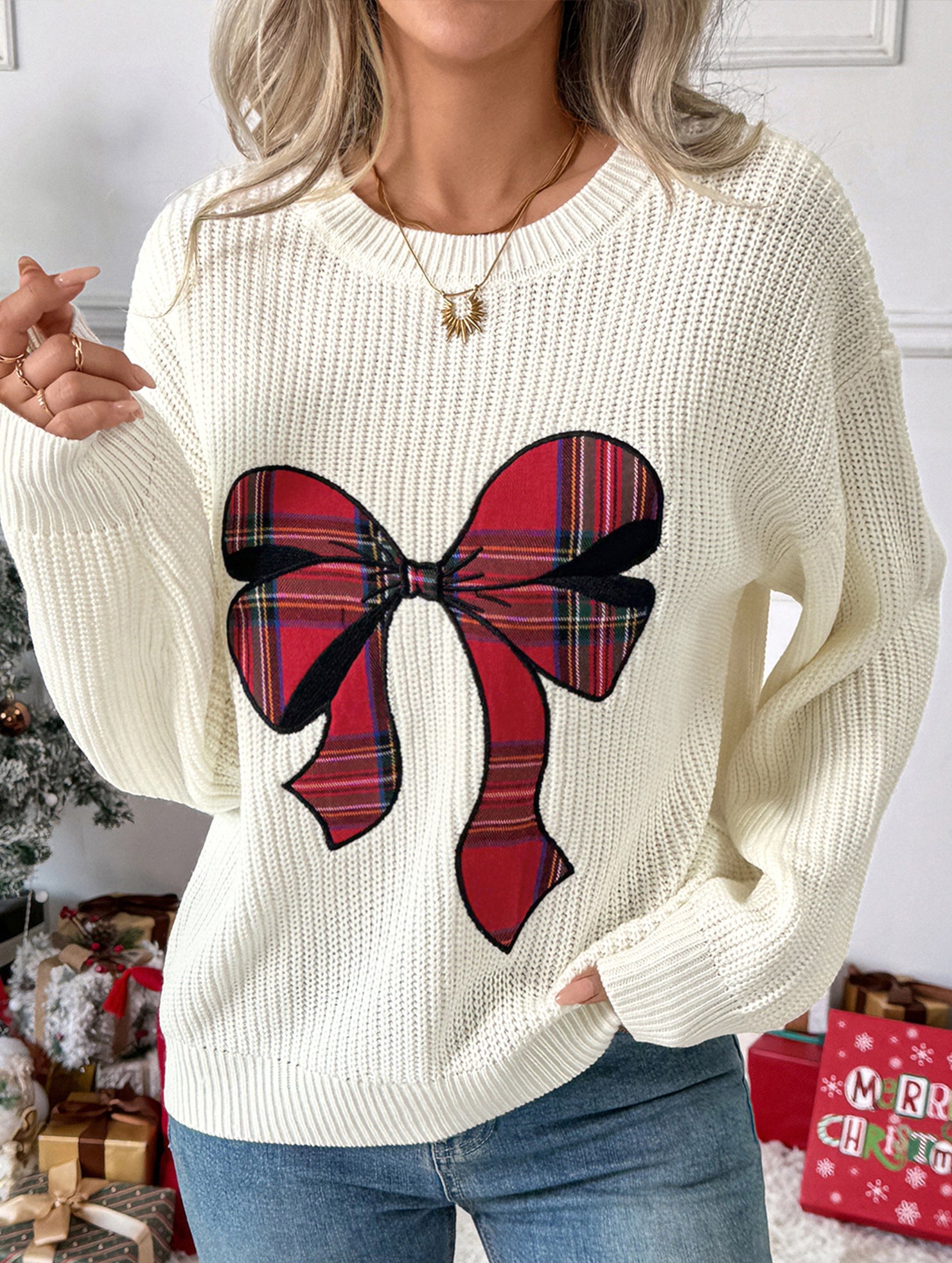 Christmas Check Embroidered Crew Neck Sweater