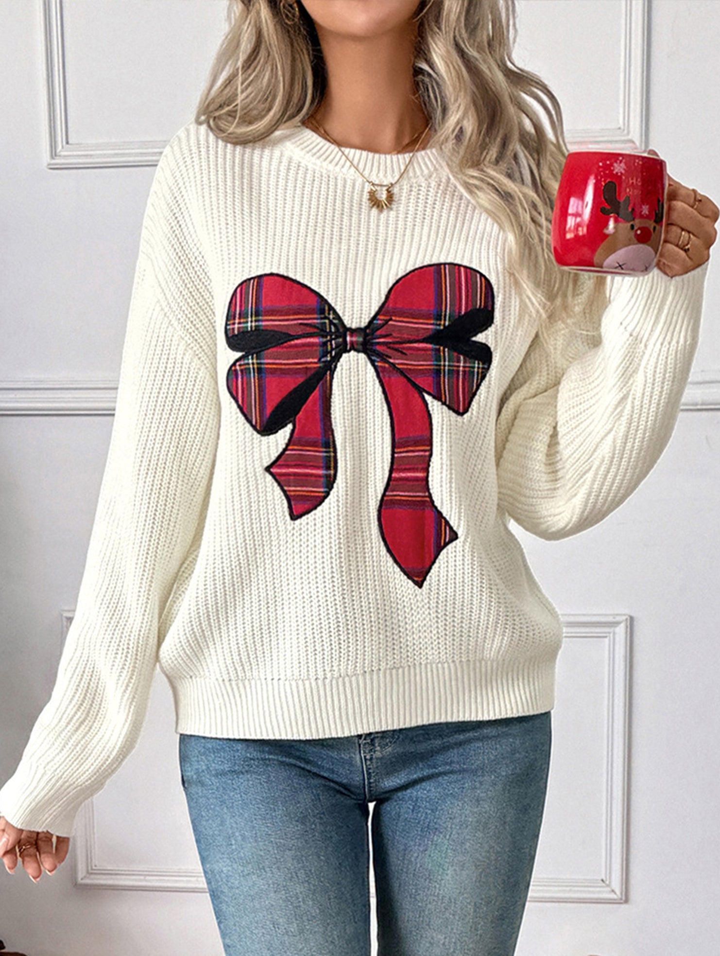 Christmas Check Embroidered Crew Neck Sweater