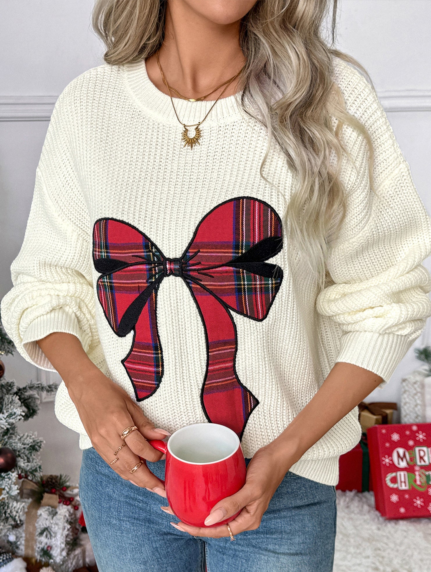 Christmas Check Embroidered Crew Neck Sweater