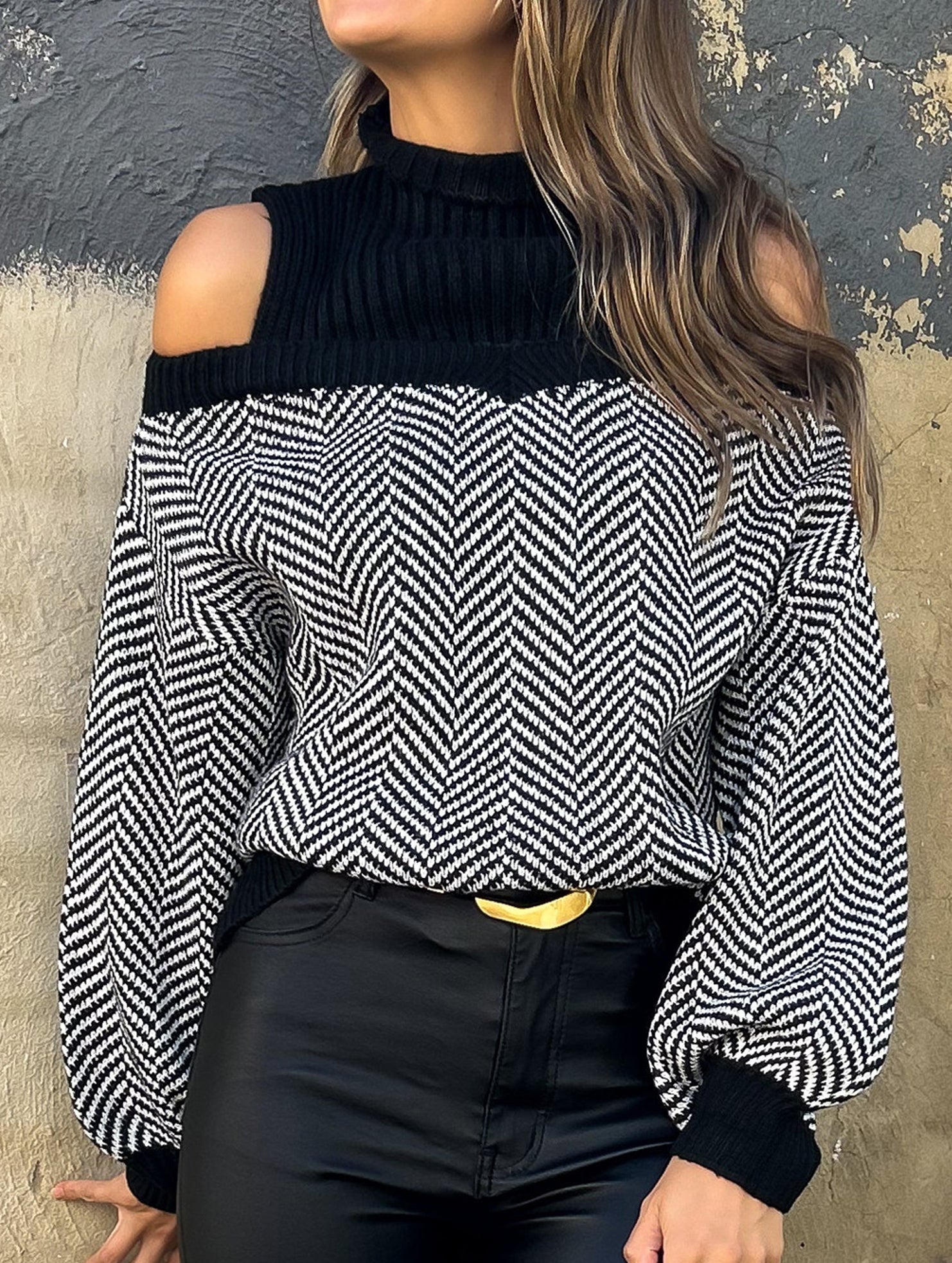 Mid-neck striped off-the-shoulder sweater