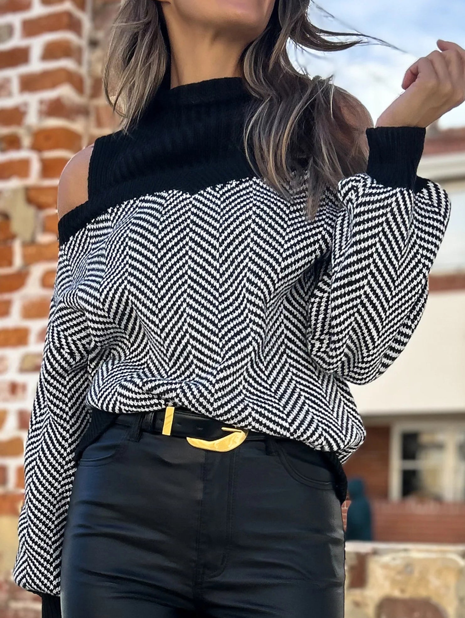 Mid-neck striped off-the-shoulder sweater