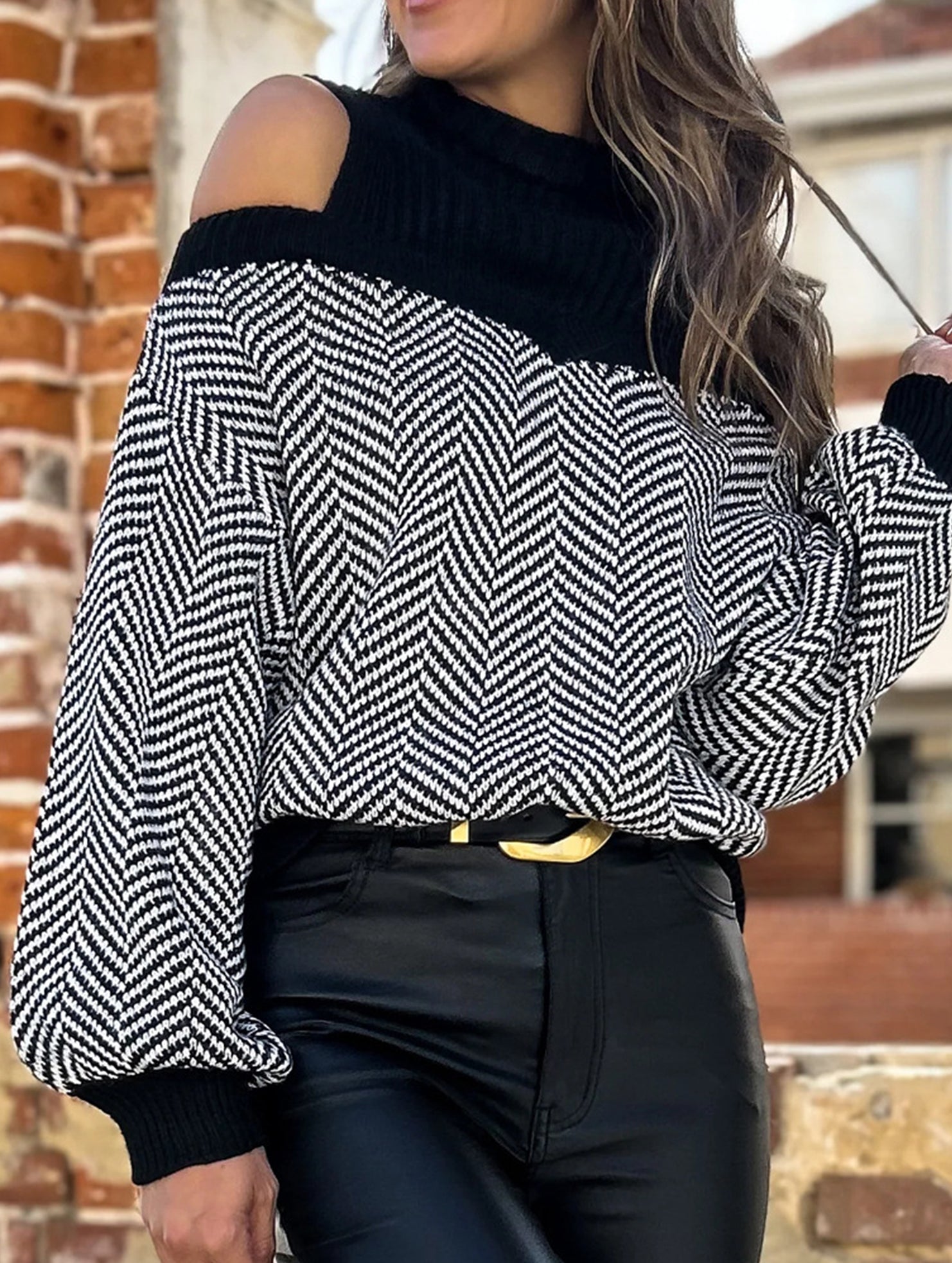 Mid-neck striped off-the-shoulder sweater