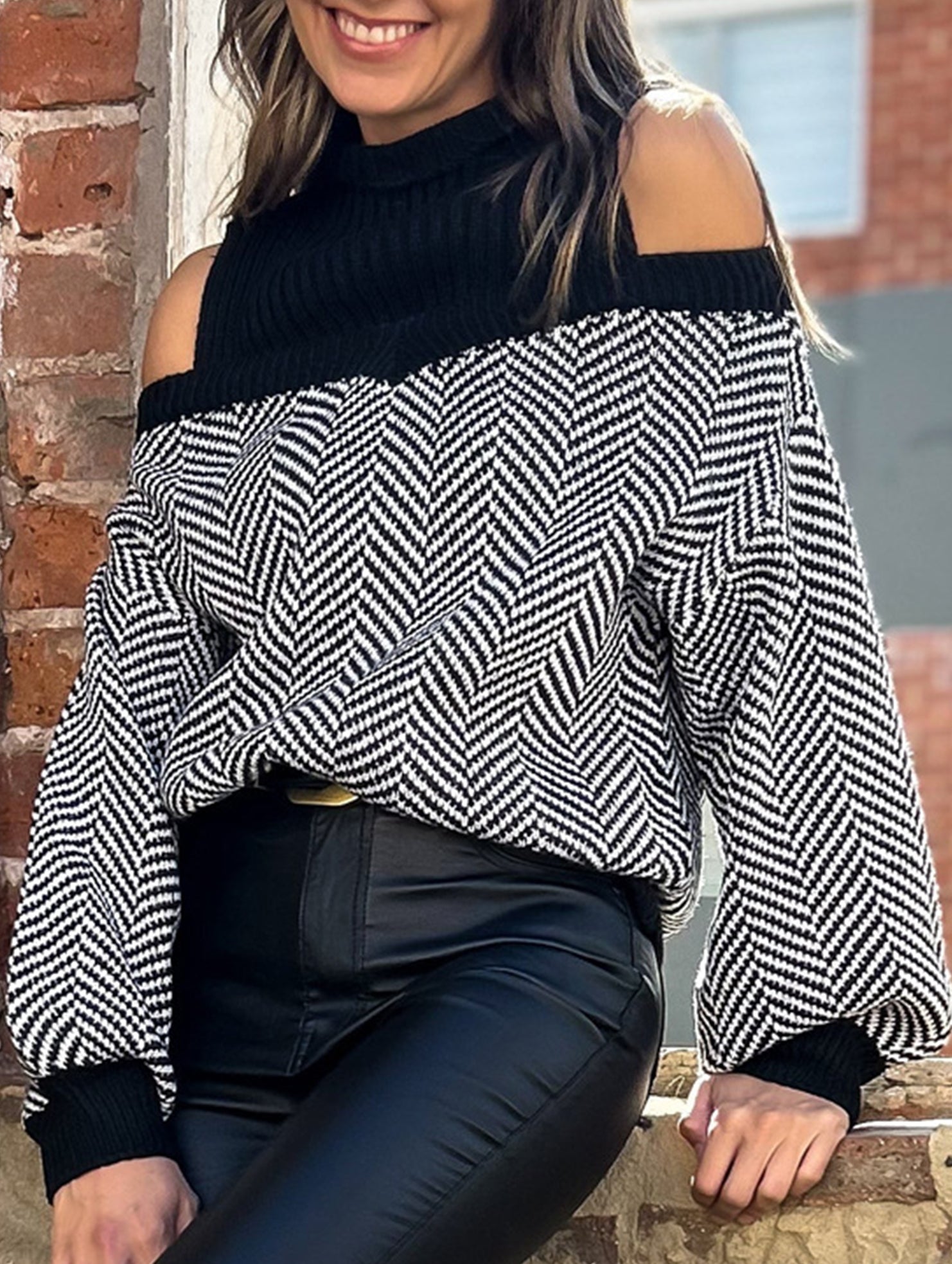 Mid-neck striped off-the-shoulder sweater