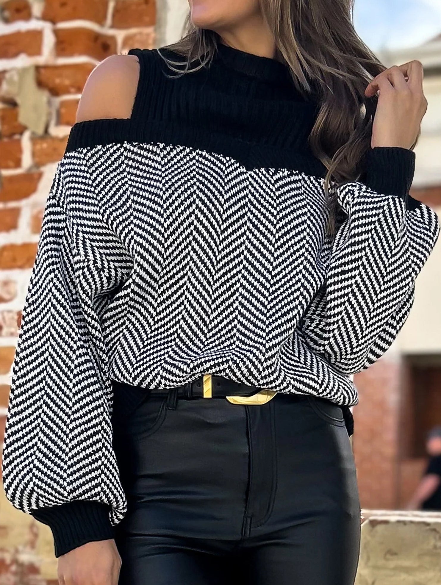 Mid-neck striped off-the-shoulder sweater