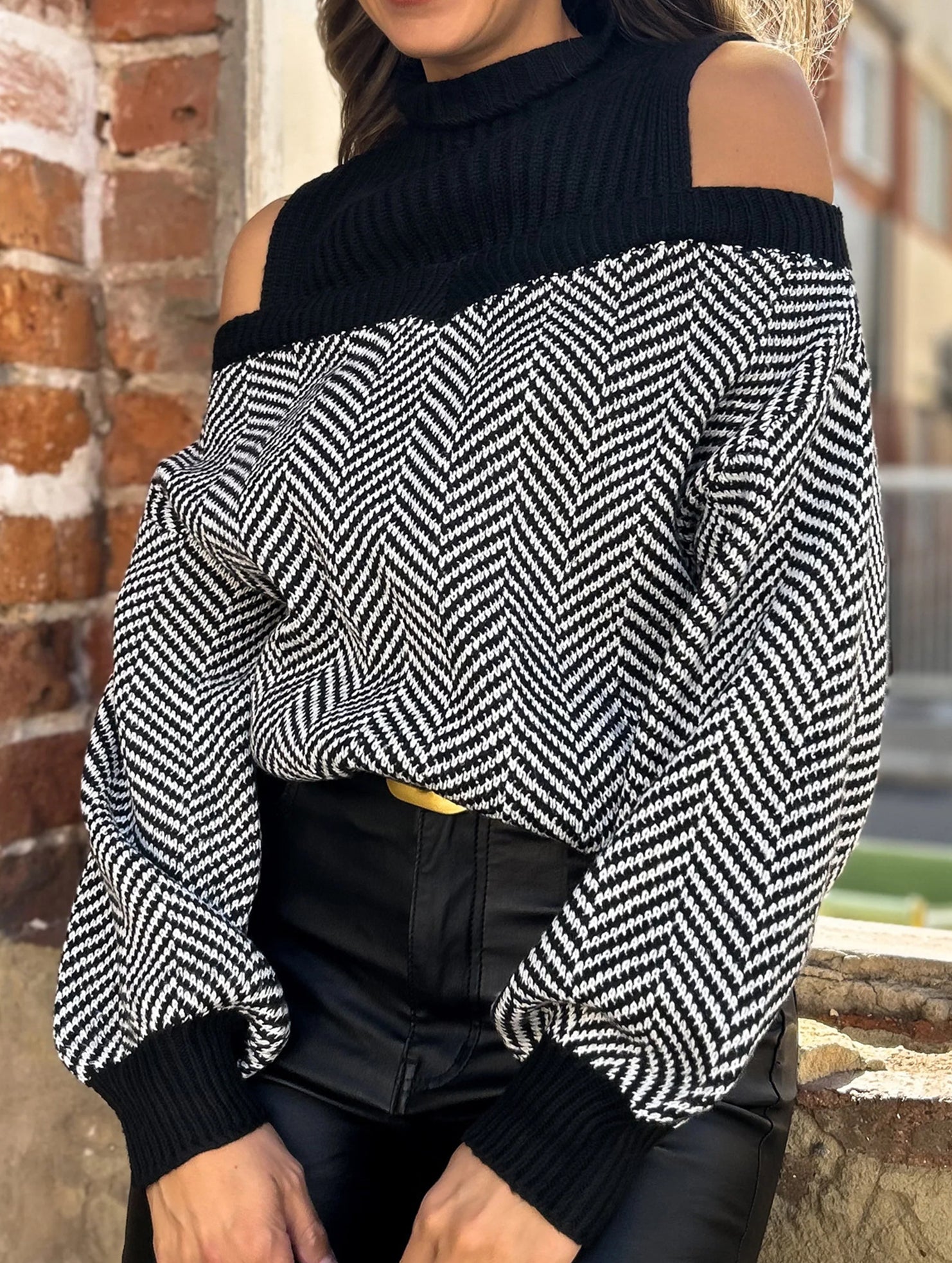 Mid-neck striped off-the-shoulder sweater