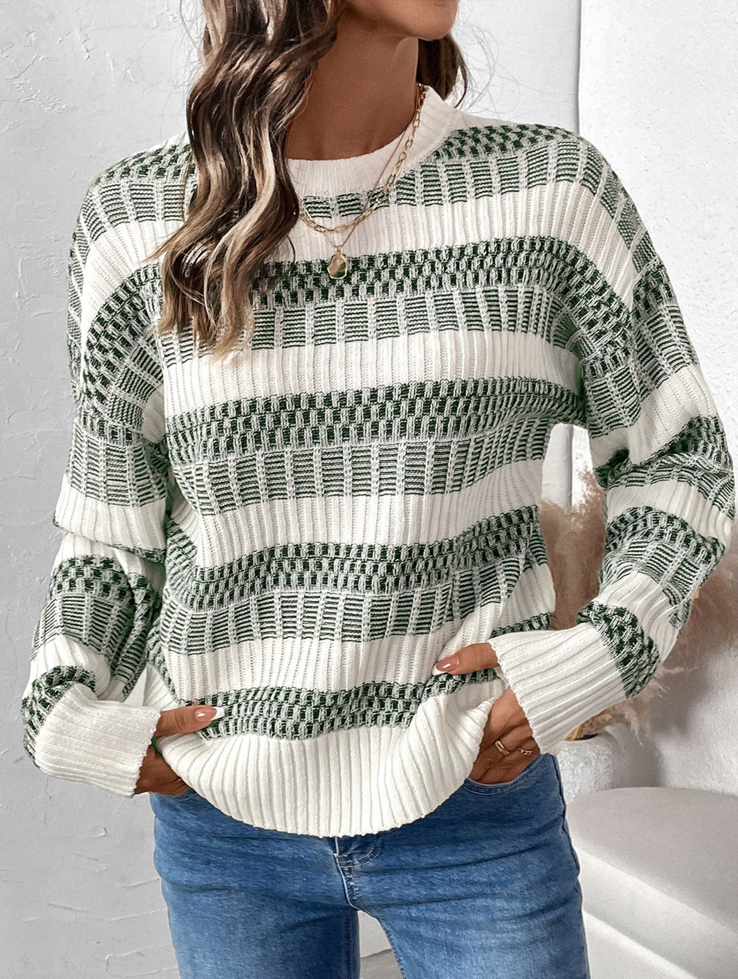 Crew Neck Chunky Double Stripe Sweater