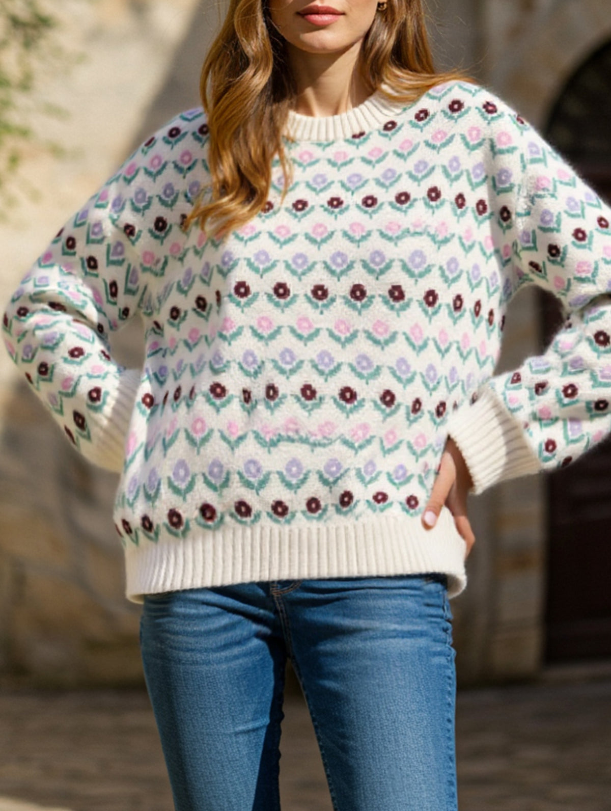 Vintage floral jacquard pullover sweater
