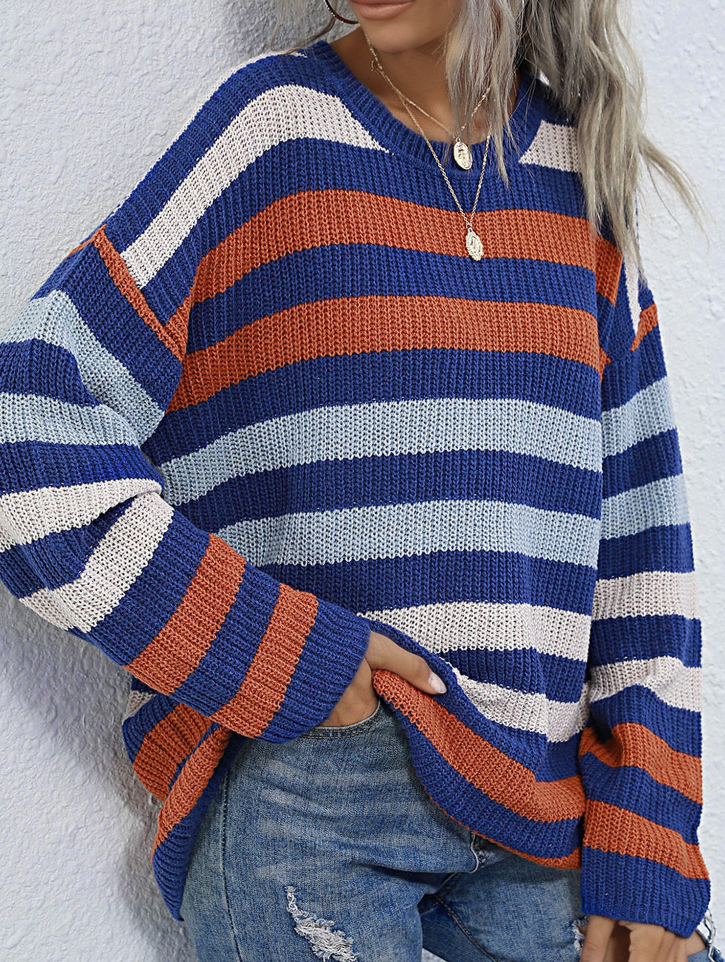 Loose striped crew neck base knit sweater